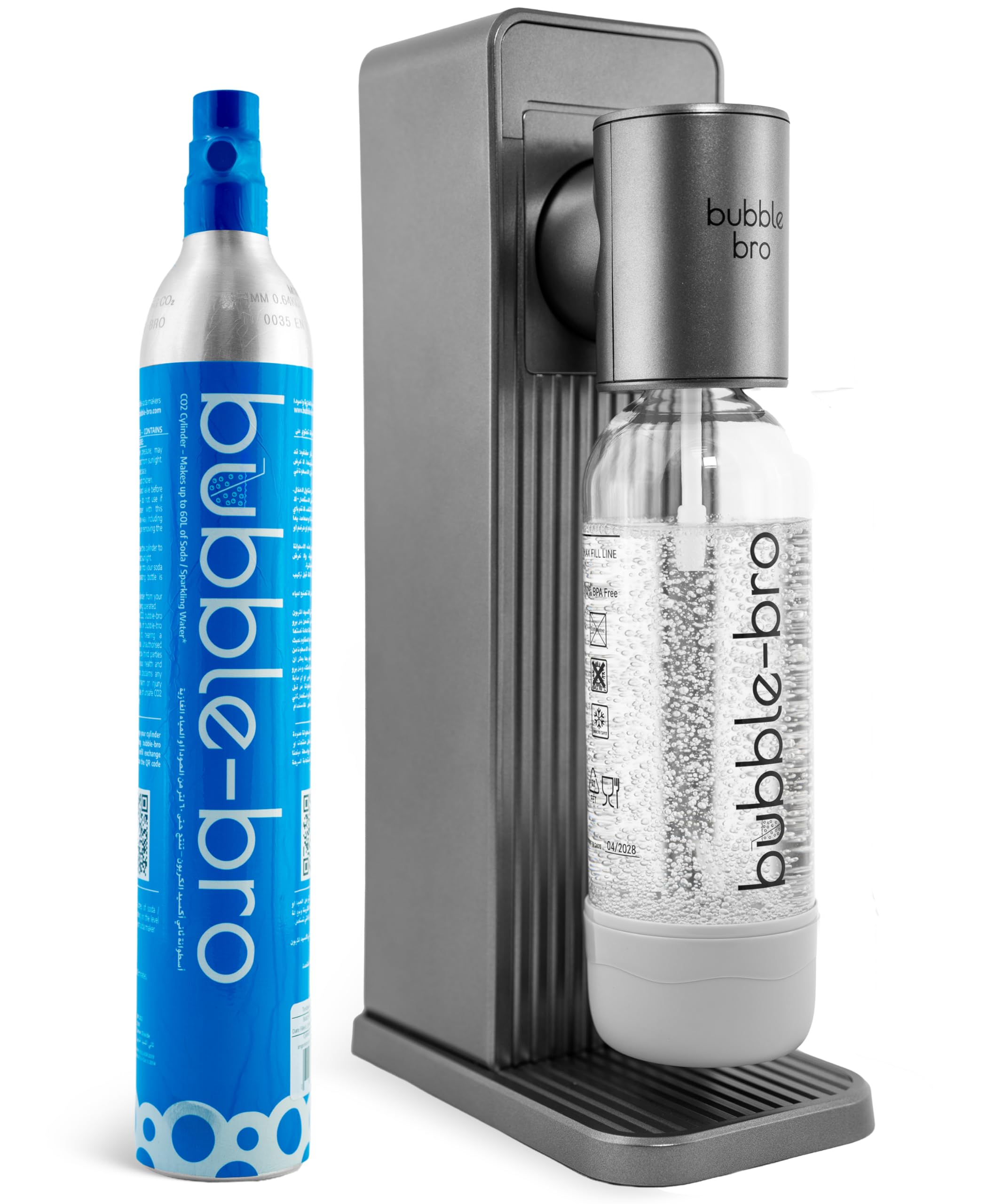 bubblebro Origin Sparkling Water Maker Starter Kit - Comes with a 1L BPA-Free Carbonating Bottle and a 60L CO₂ Cylinder - Enjoy Fresh Sparkling Water Anytime, Anywhere (Metallic Grey)
