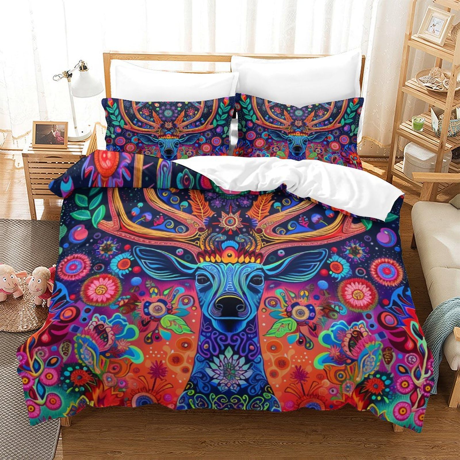 Housse de couette cerf 3D microfibre facile à laver 260x220 cm sans repassage pour lit