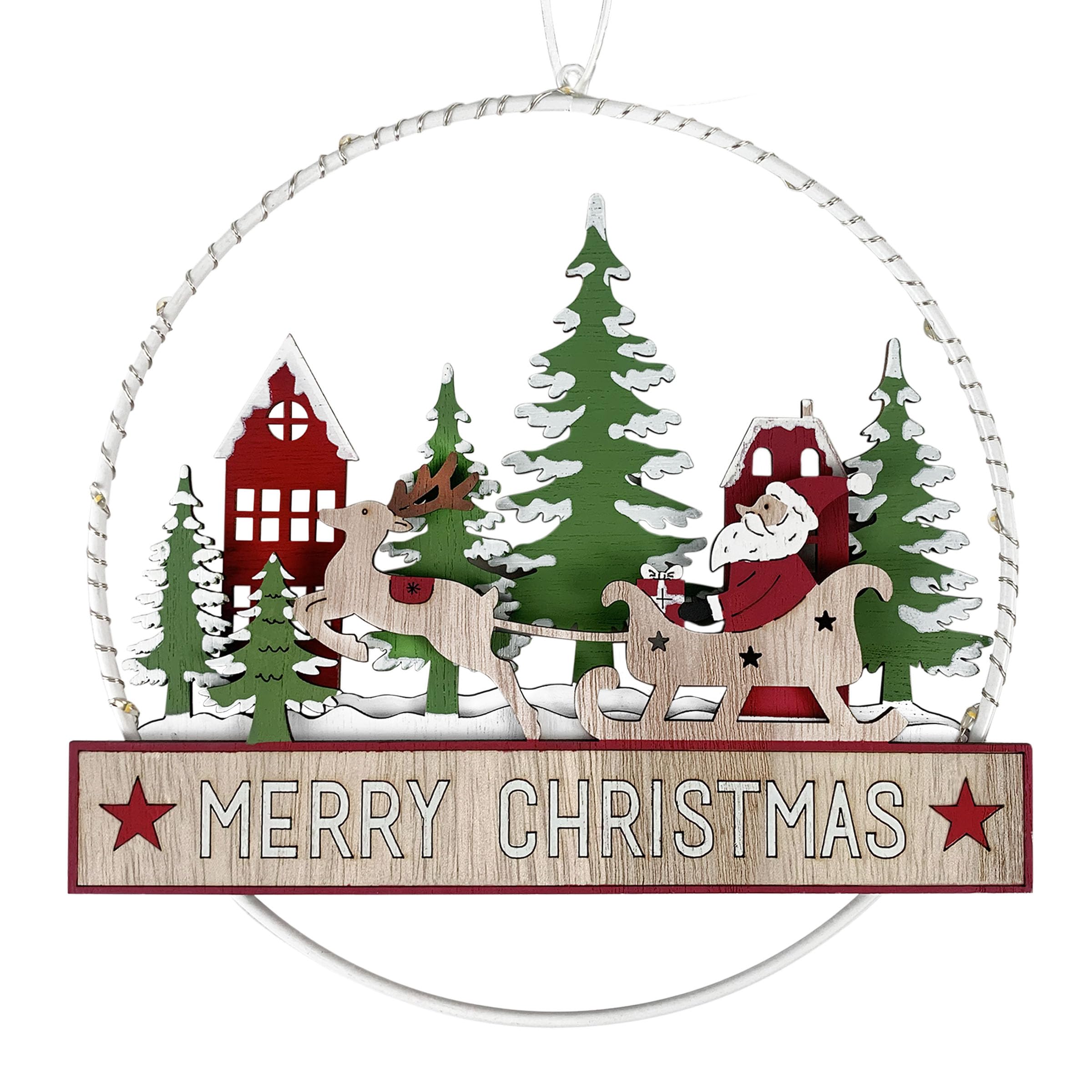 TIENDA EURASIA – Aro Colgante Merry Christmas con 9 Luces LED | Decoración Navidad | 20x20x1.6 cm | Hierro y Madera | Natural, Rojo, Verde y Blanco | Adorno Puerta Navidad | 2 Pilas de Botón de Litio