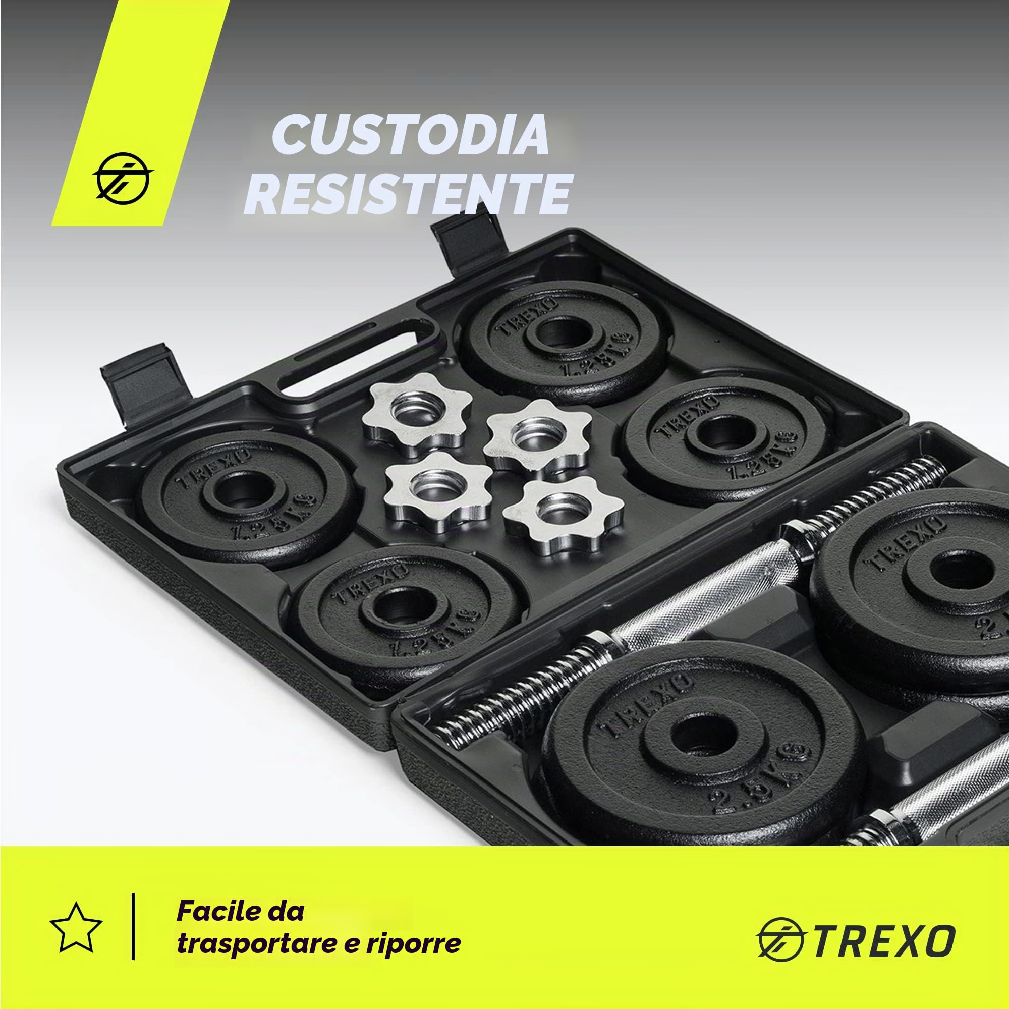 TREXO Set Manubri Regolabile Composto Pesi Palestra Peso Totale di 20| 50 kg in Una Valigetta 8|20 Piastre in Ghisa Gommata per Allenamento a Casa