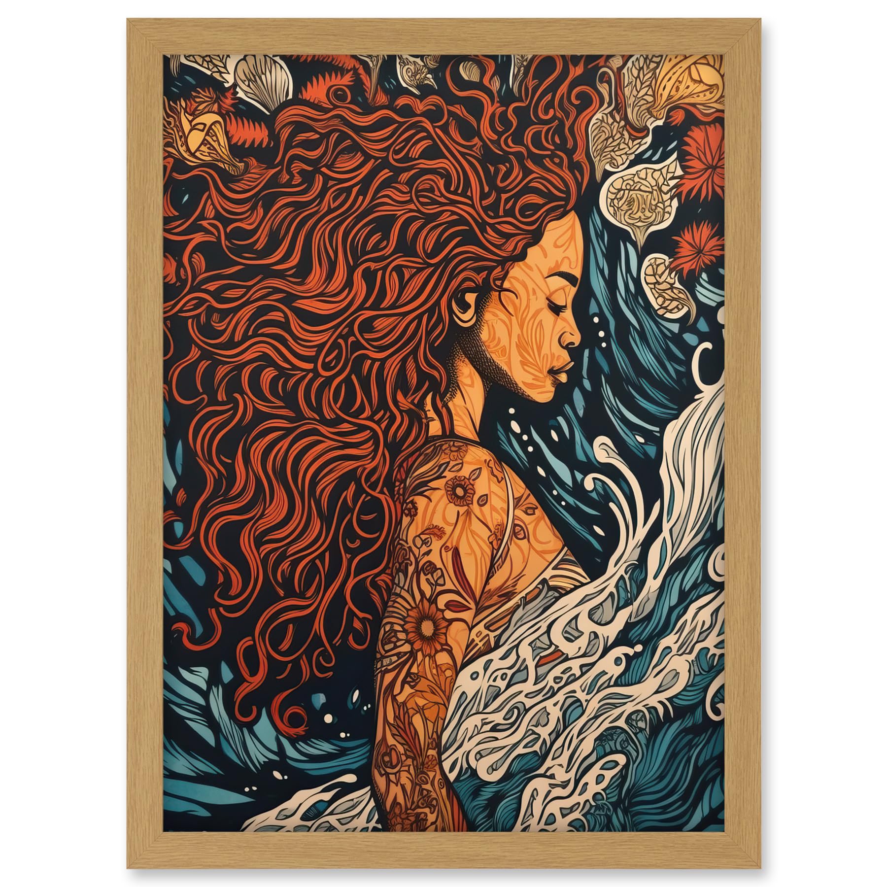 Artery8 Sea Water Nymph Modern Art Nouveau Linocut Artwork Framed A3 Wall Art Print