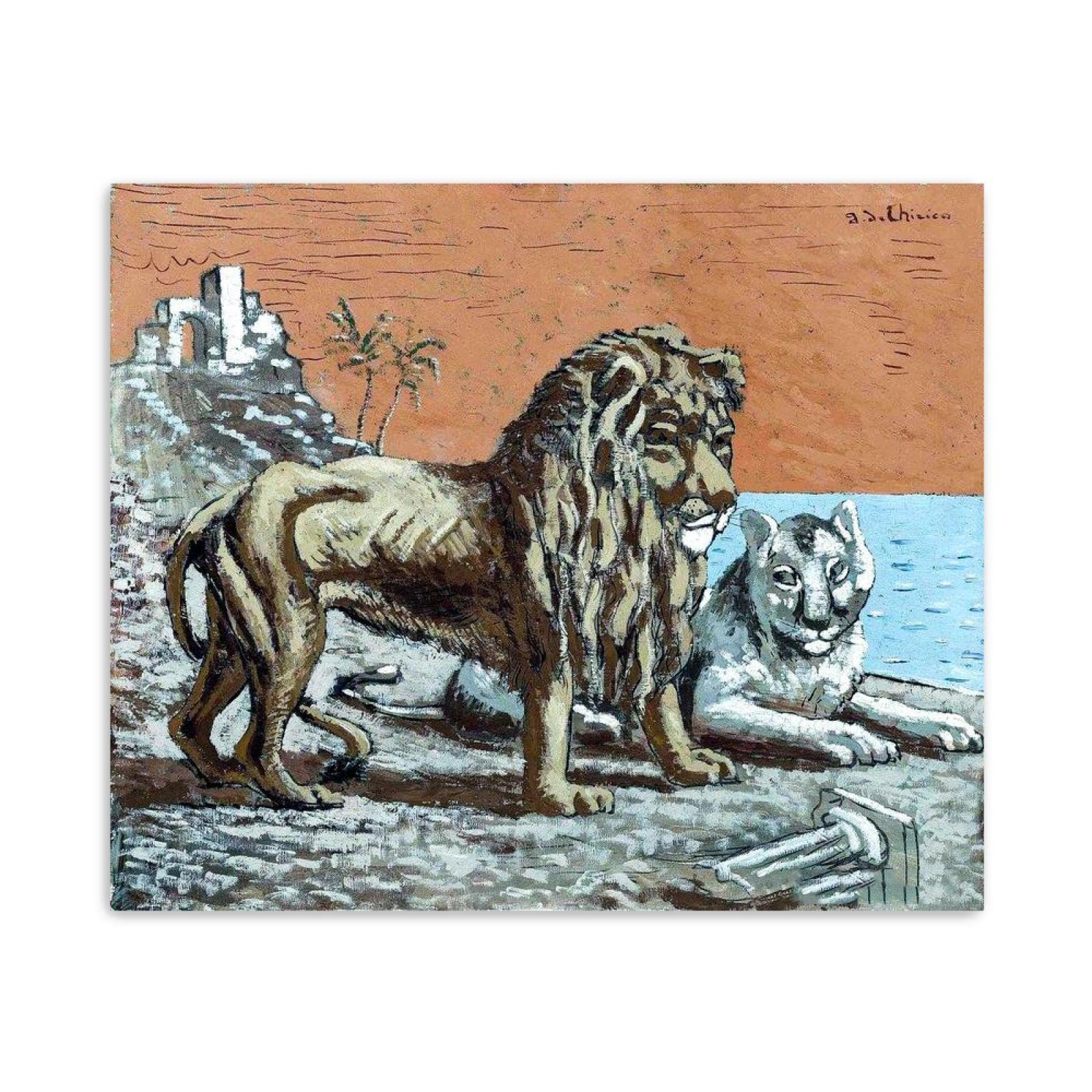 JZSDGB Giorgio de Chirico Słynny artysta na płótnie, sztuka ścienna, reprodukcje obrazów, plakaty, lew i lwica nad morzem, graficzne obrazy do dekoracji biurowych, 20 x 25 cm, bez ramy