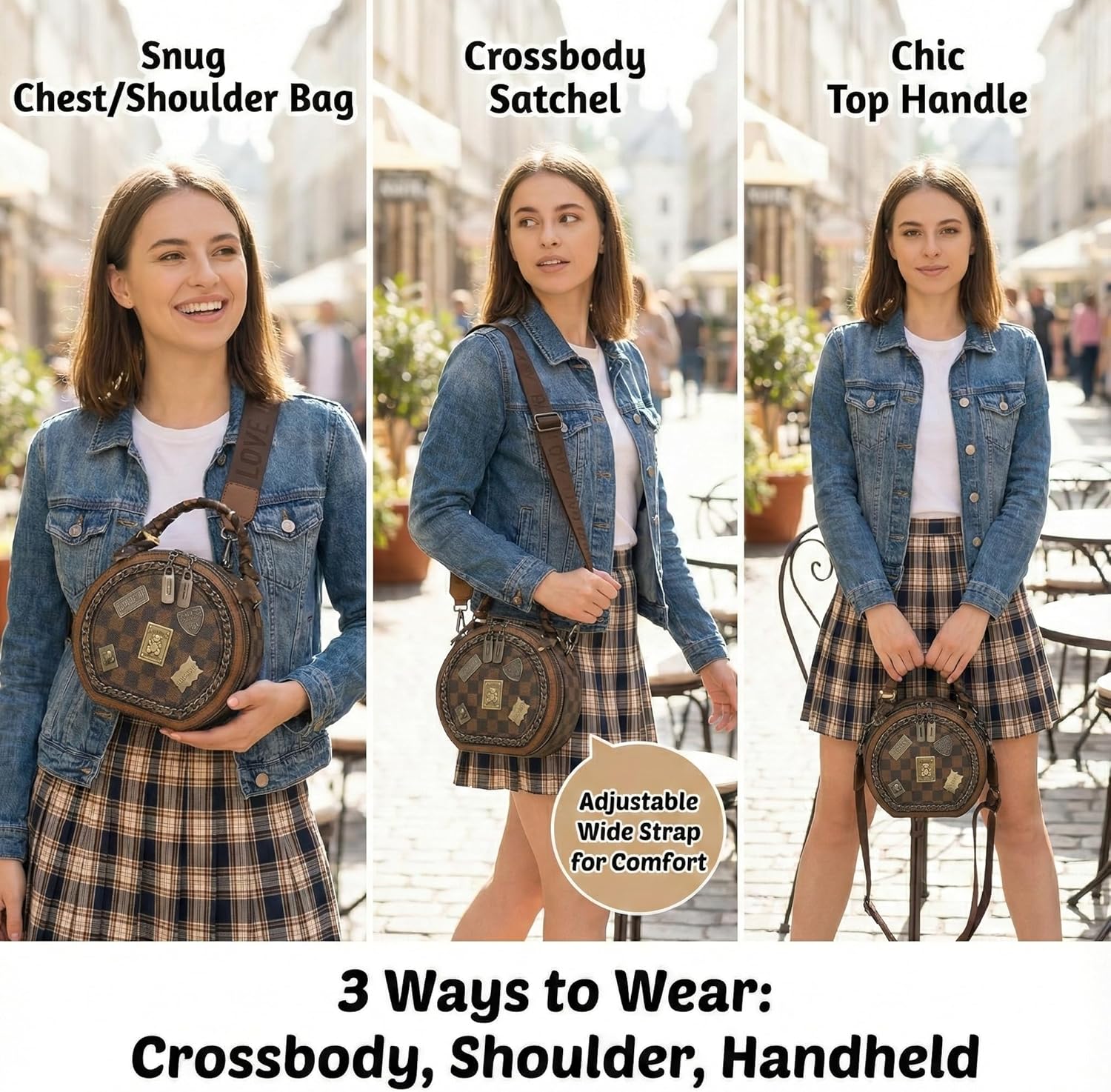 Round Crossbody Bag for Women, Adjustable Strap-Teddy Bear Checkered Purse,Travel, Festival & Daily Use - Image 5