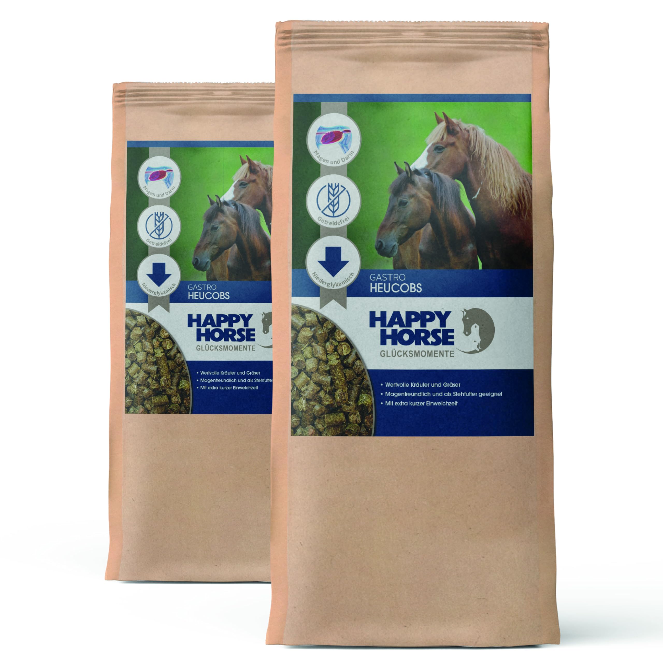 HAPPY HORSE Gastro Heucobs | 2 x 14kg | Schnell einweichende Heucobs für Pferde | Stärkearm & Melassefrei | Hochverdaulich mit Kräutern | Heucobs für ältere Pferde & bei Zahnproblemen