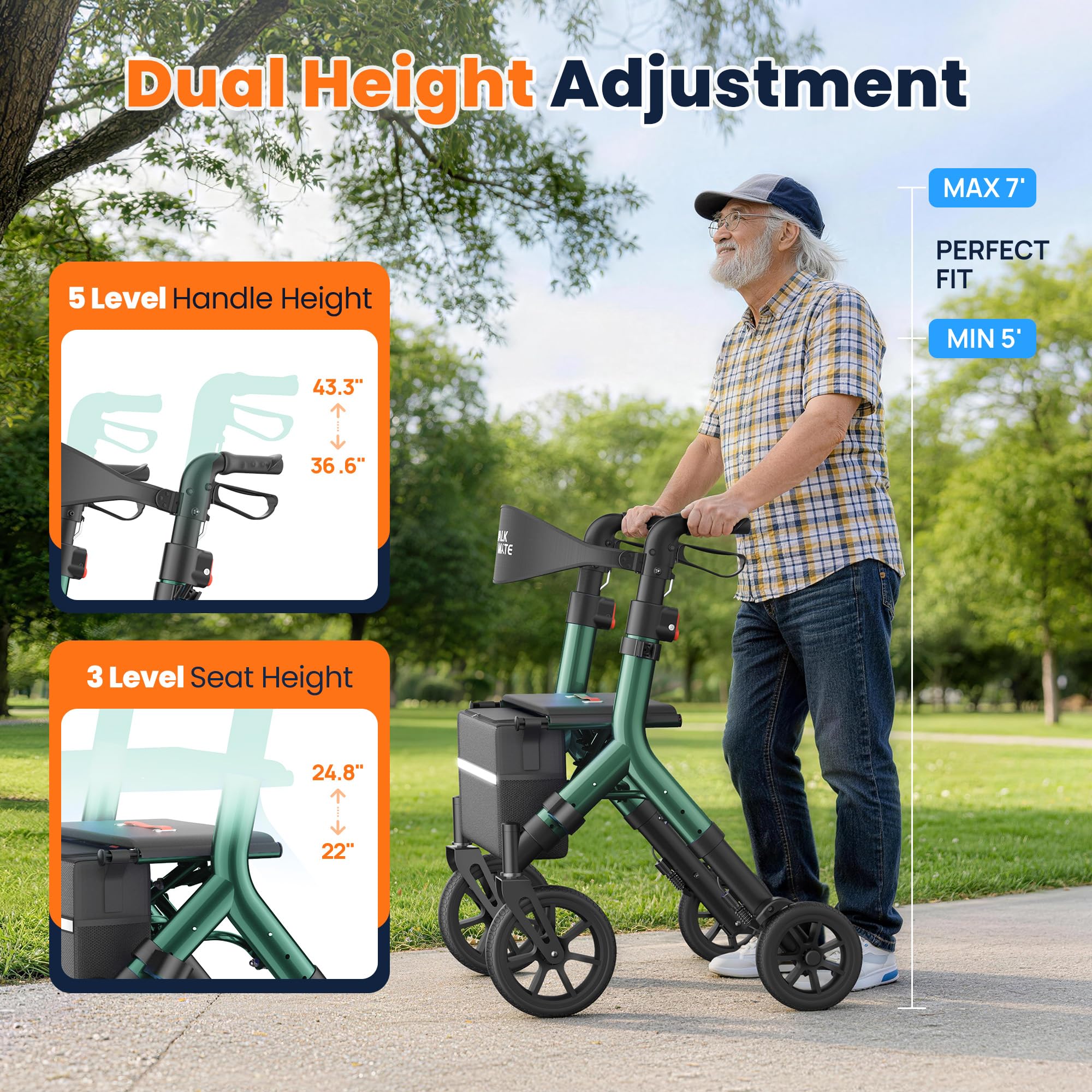 WALK MATE Andador con ruedas para personas mayores de 5.3 a 7 pies con asiento ajustable en altura, ruedas de 10 pulgadas, diseño plegable compacto, ligero, ayuda para caminar, respaldo ampliado,