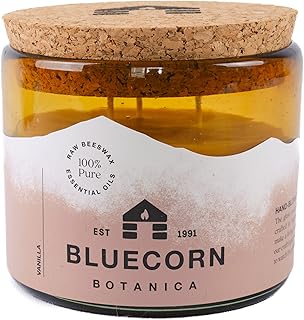 Bluecorn Beeswax Botanica Vanilla Essential Oil & Pure Beeswax Candle in Blown Glass Vessel. Non-Toxic Scented Candle in 100% Recycled Glass. Large 3 Wick Candle - 22 oz.