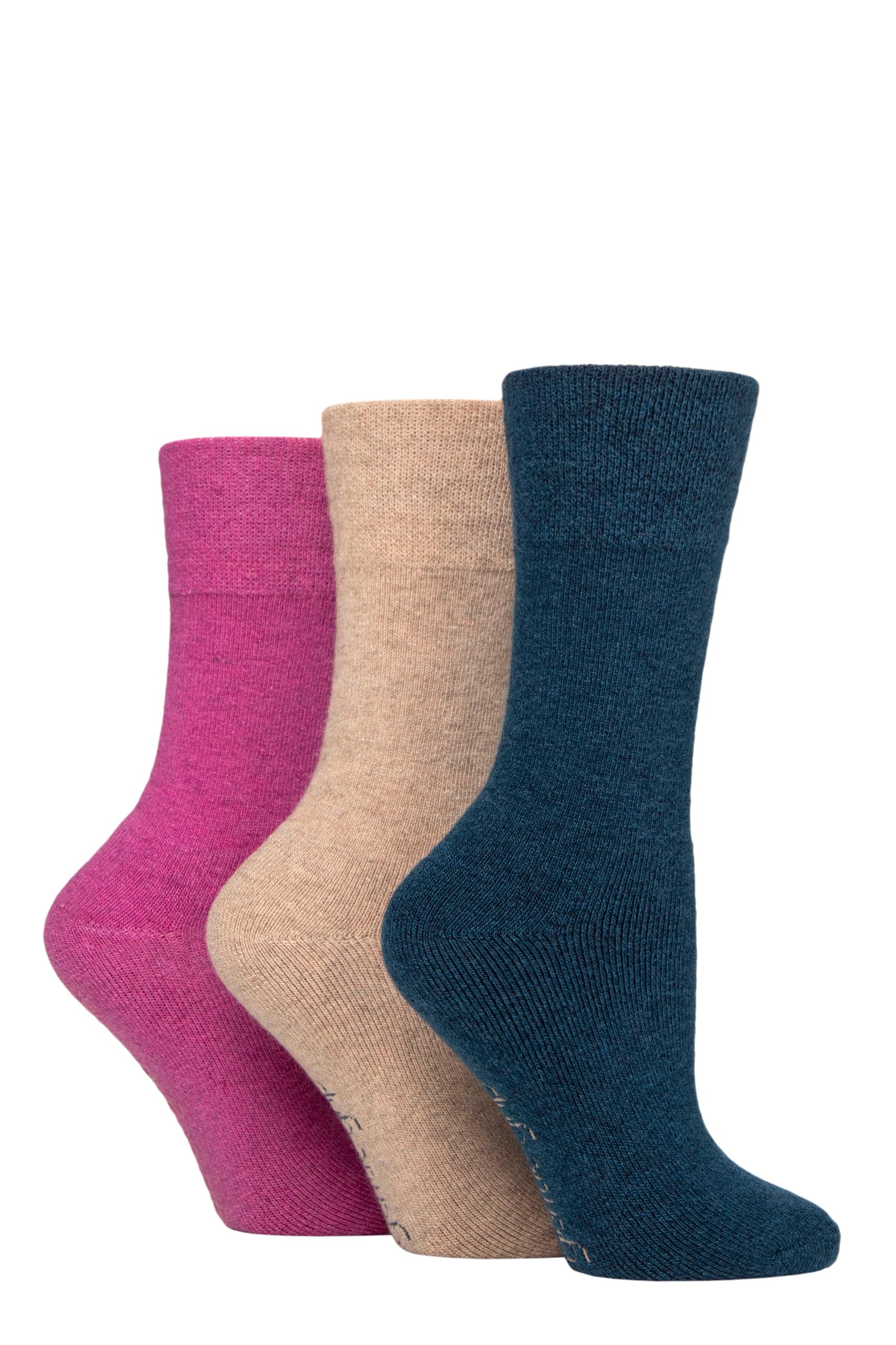 SockShop Women’s 3 Pair Gentle Grip Wool Boot Socks – Cushioned Foot, Soft Warm Non Binding Comfort Top, Breathable Winter Boot or Outdoor Wear, UK 4–8 Pink/Teal/Natural