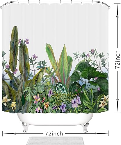 Miniatura 7 de Cortina de ducha con diseño de plantas tropicales, juego de cortinas de ducha botánicas de hojas verdes, cortinas de ducha Monstera Jungle para
