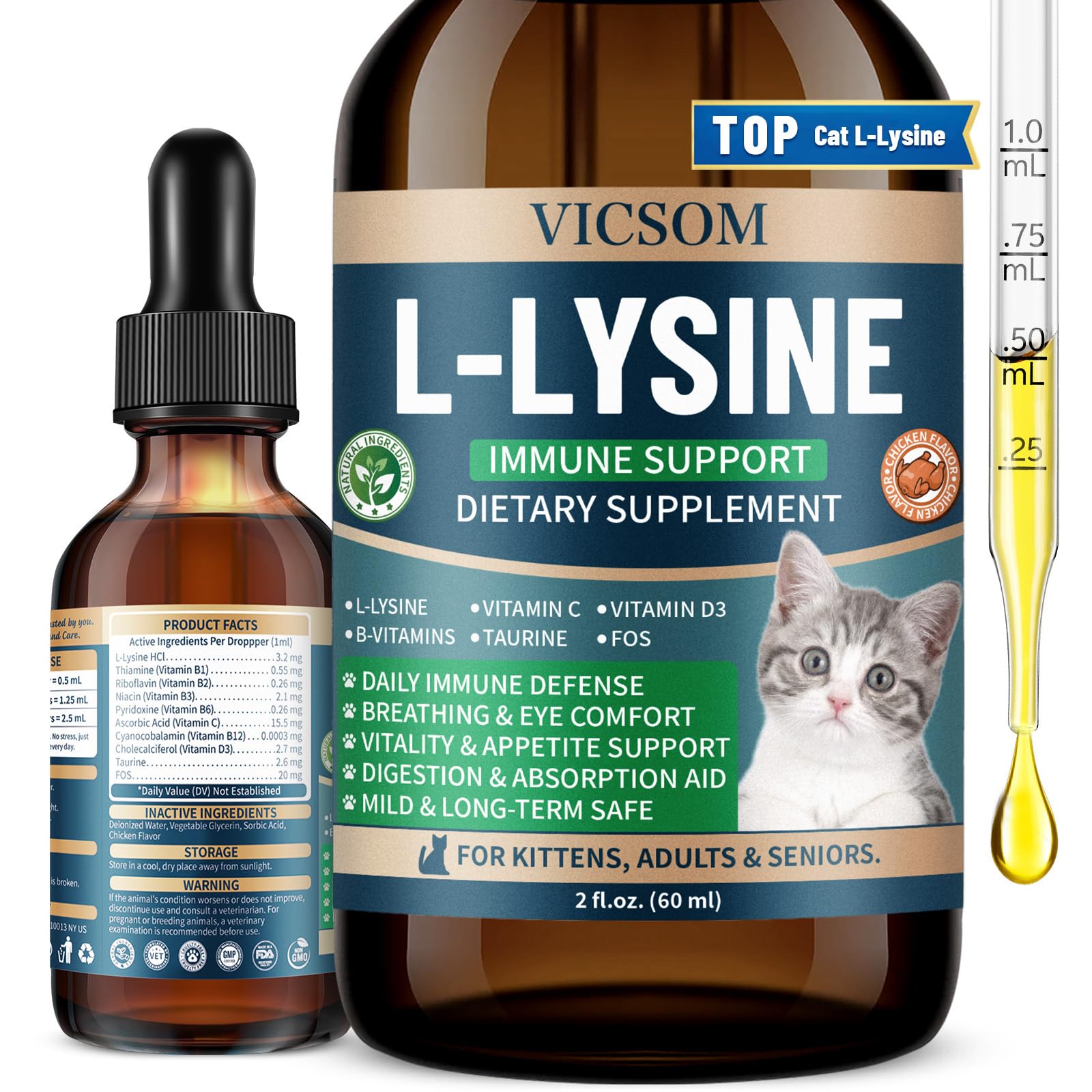 VICSOM L-Lysine for Cats, Cat Lysine Supplement Drops, Chicken, 2 Fl Oz