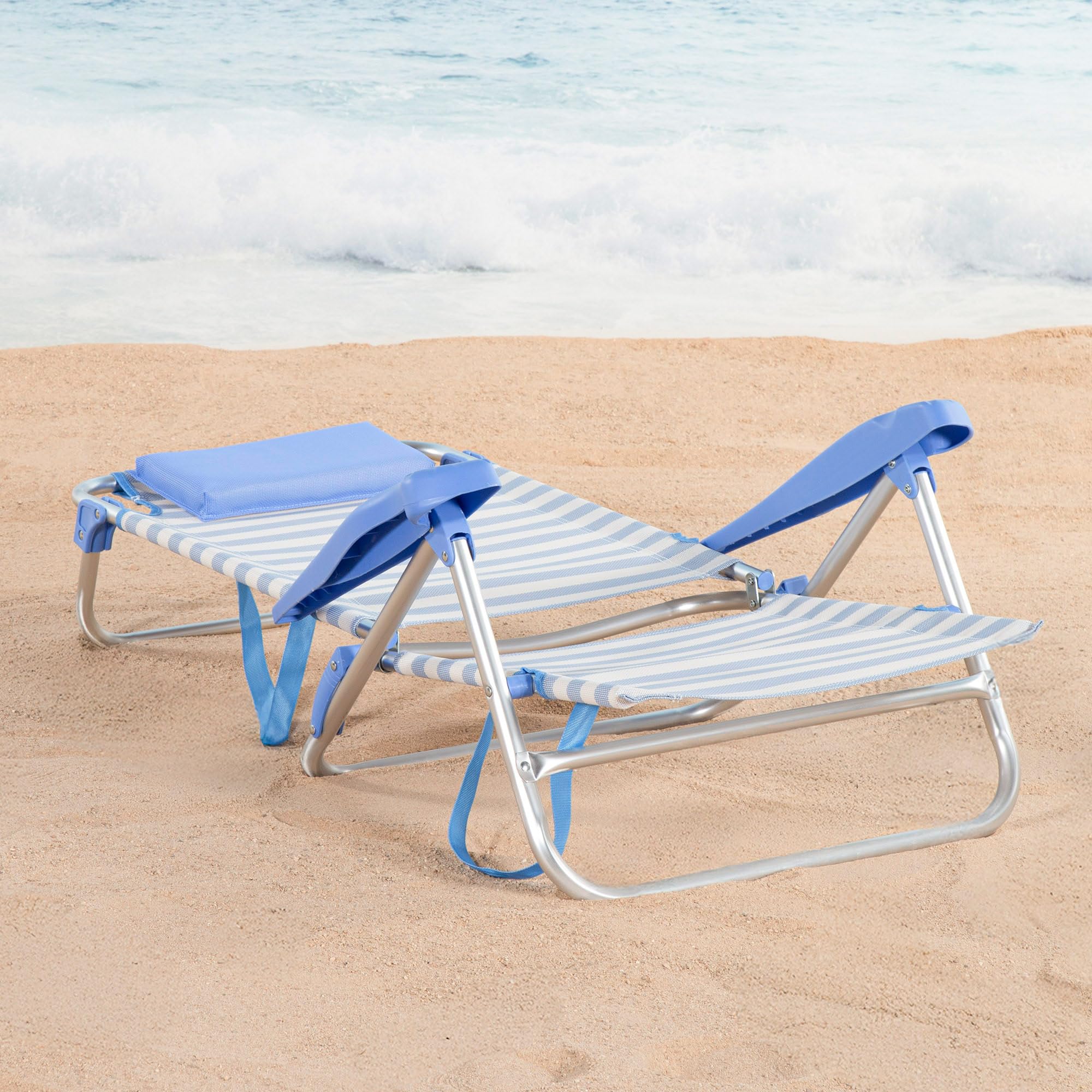 AKTIVE Silla de Playa Plegable, 8 Posiciones, Color Azul Rayas, Mide 48x50x80 cm, Soporta 110 kg, Asas de Transporte, Sillas Respaldo reclinable (62549)