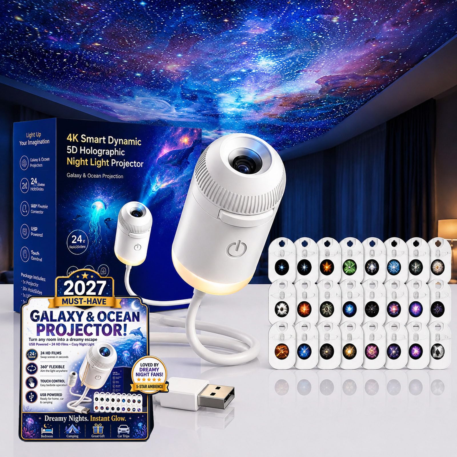 2027 Proiettore Galassia Soffitto Galaxy Projector Night Light, Plug-And-Play Hd Star Projector Proiettore Di Stelle 2 In 1, Rotazione A 360° Luminosità Regolabile (24 Pellicole Per Proiezione)