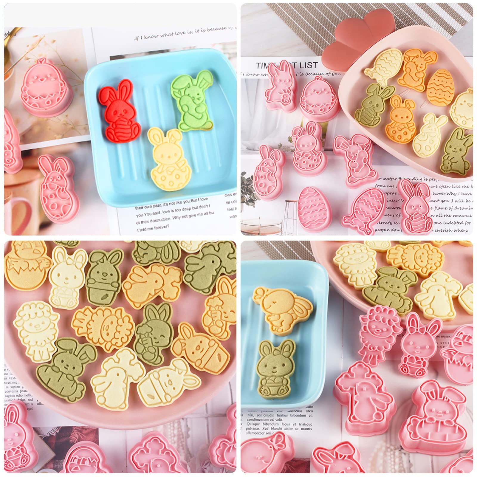 8 Emporte-Pièces Pâques 3D - Lapin, Œuf, Fleur - Plastique Alimentaire, Tampon Inclus