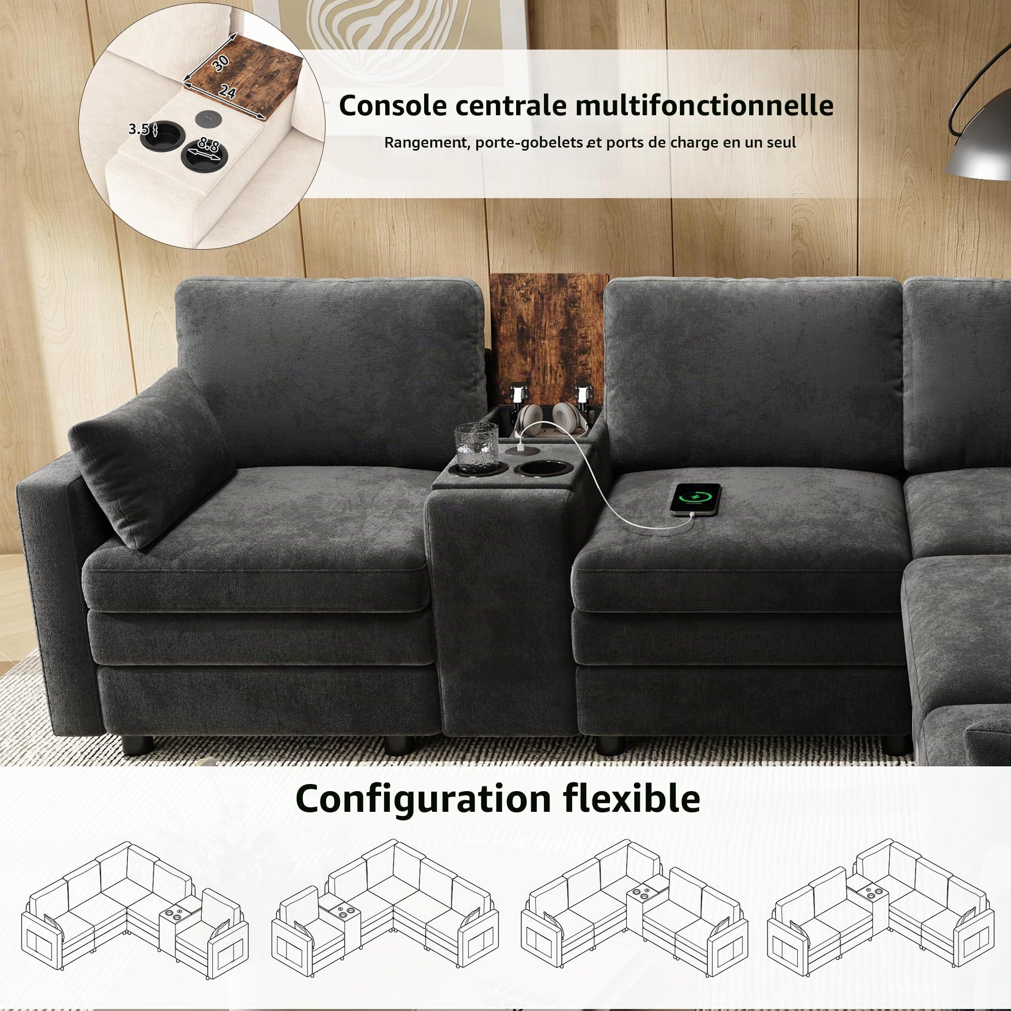 Sapgaks Canapé d'angle en Forme de L avec USB et Porte-gobelet,Canapé modulaire 5 Places avec Console Centrale Rabattable et Espace de Stockage,Canapé Nuage,Convient pour Le Salon et la Chambre,Gris