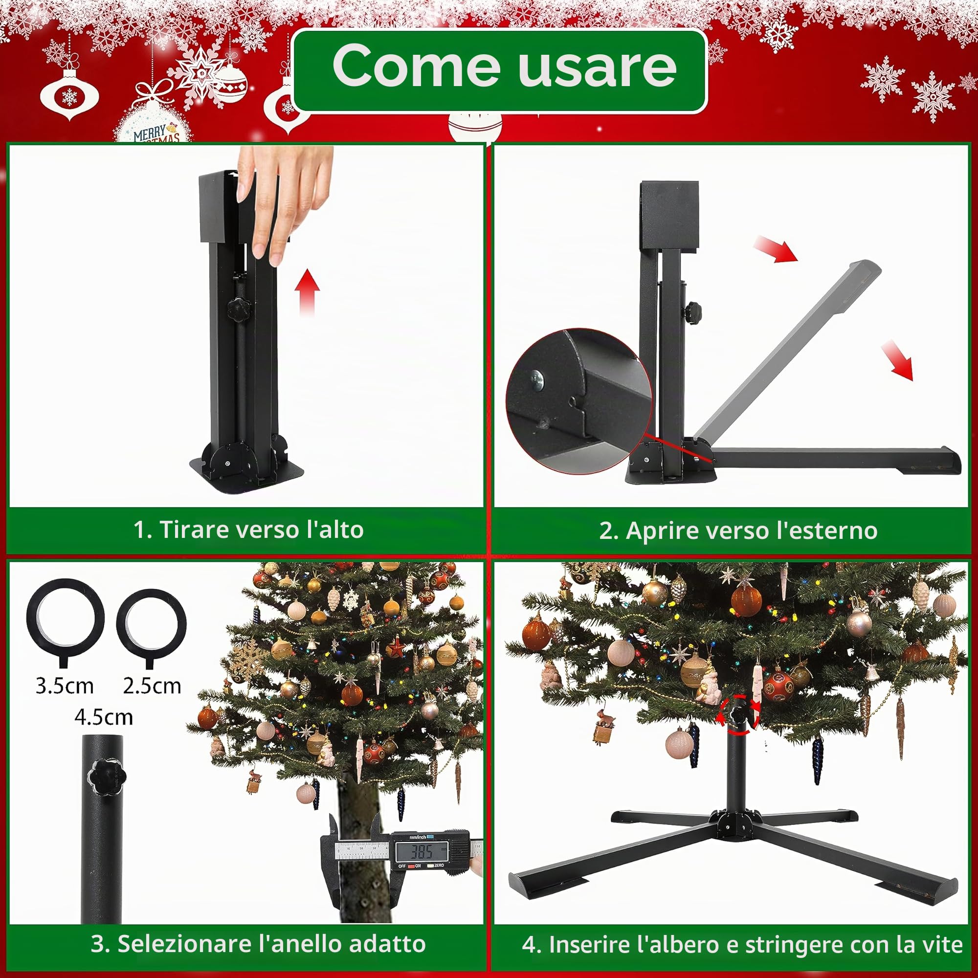 VFZILH Supporto per Albero di Natale in Metallo 3 Misure di Diametro Supporto Universale per Albero di Natale Artificiale Adatto a 60-280 cm Base Robusta per Albero di Natale Pieghevole Fino a 50 kg