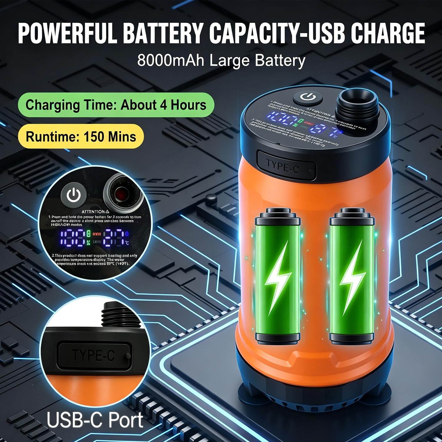 Douche de camping portable, 8000 mAh rechargeable avec affichage de la batterie LED, pompe de douche électrique étanche IPX8, autonomie de 150 minutes, haute pression pour camping, vie en van