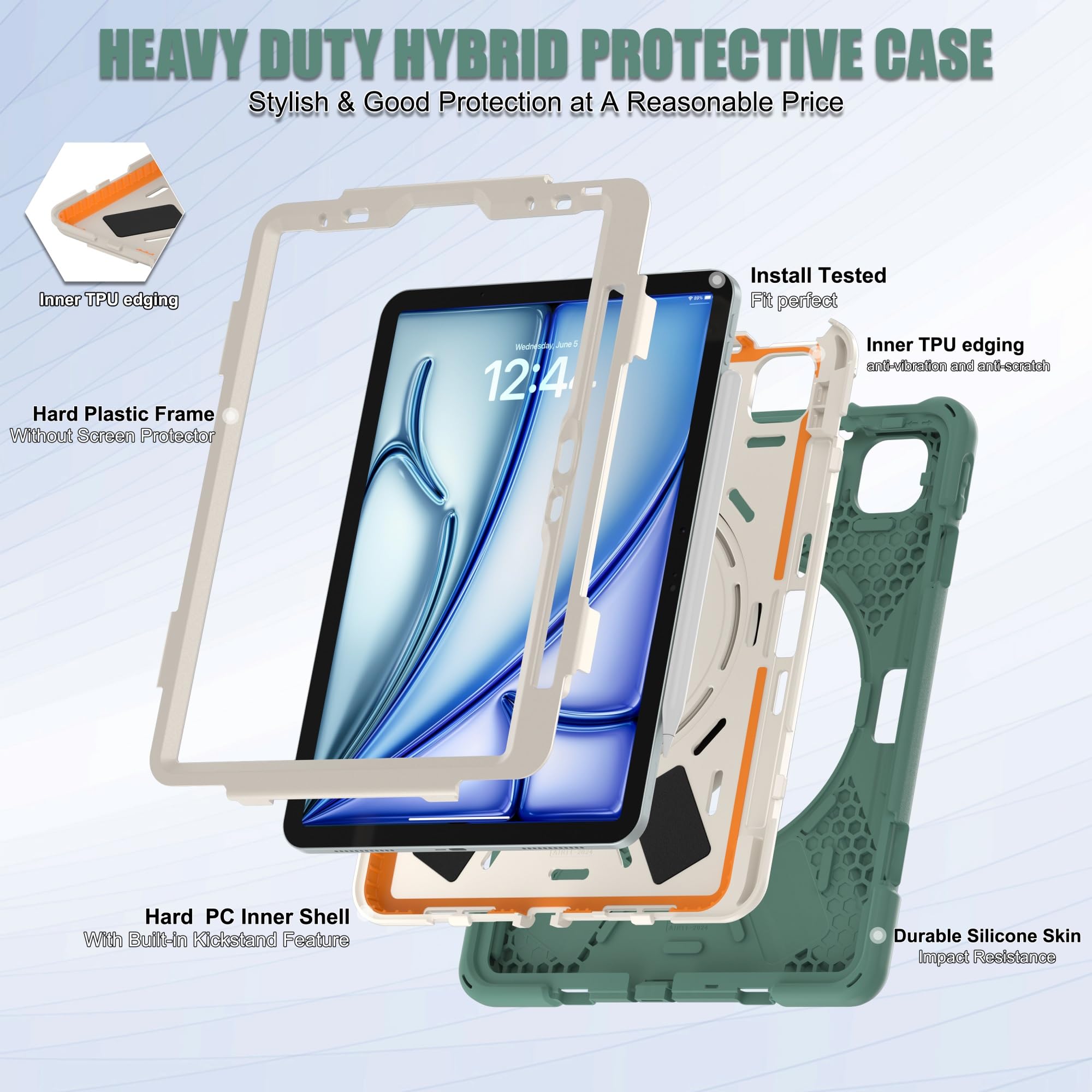 Etui kompatybilne z iPad Pro 11/Air4/Air 5 2022/2021/2020/2018, odporna na wstrząsy wytrzymała obudowa obrotową podstawką 360 stopni, pasek rękę/ramię, tablet(Green 2)