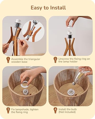 Miniatura 4 de EDISHINE Lámpara de mesa de ratán de 17.5 pulgadas, lámpara de noche de madera con pantalla tejida de cuerda de papel hecha a mano, lámpara de