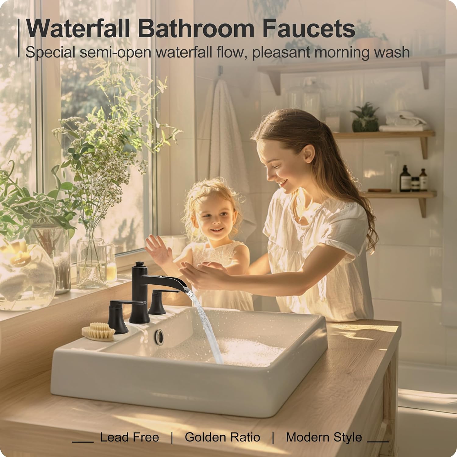 Matte Black Bathroom Faucet 3 Hole, Brass 8 Inch Bathroom Sink Faucet Waterfall, 2 Handles Widespread Basin Tap with Pop-up Drain  Supply Hose for Vanity, Farmhouse, Restroom Sink