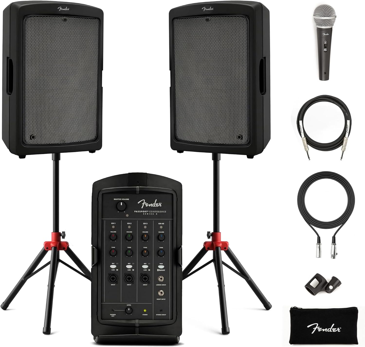 Fender Passport Conference S2 Portable PA System Bundle with Microphone Kit, Compact Speaker Stands, and Instrument Cable