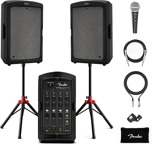 Fender Paquete de sistema PA portátil Passport Conference S2 con kit de micrófono, soportes de altavoz compactos y cable de instrumento