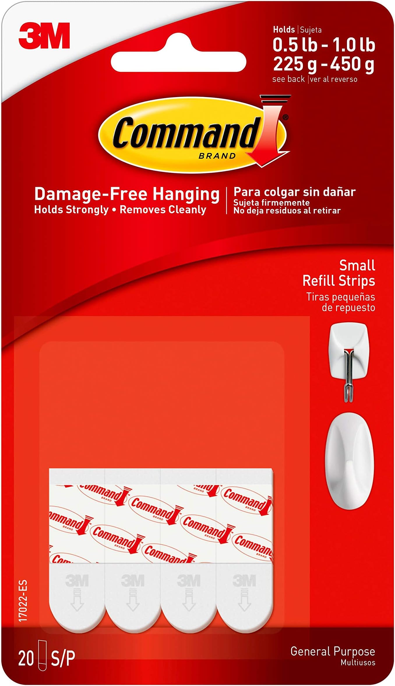 Small Refill Adhesive Strips, Damage Free Hanging Wall Adhesive Strips for Small Indoor Wall Hooks, No Tools Removable Adhesive Strips for Living Spaces, 20 White Command Strips