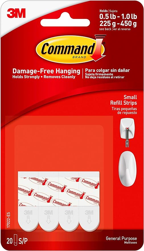 Command Small Refill Adhesive Strips, Damage-Free Hanging, Removable Wall Adhesive for Indoor Hooks, No-Tools Installation, 20 White Strips