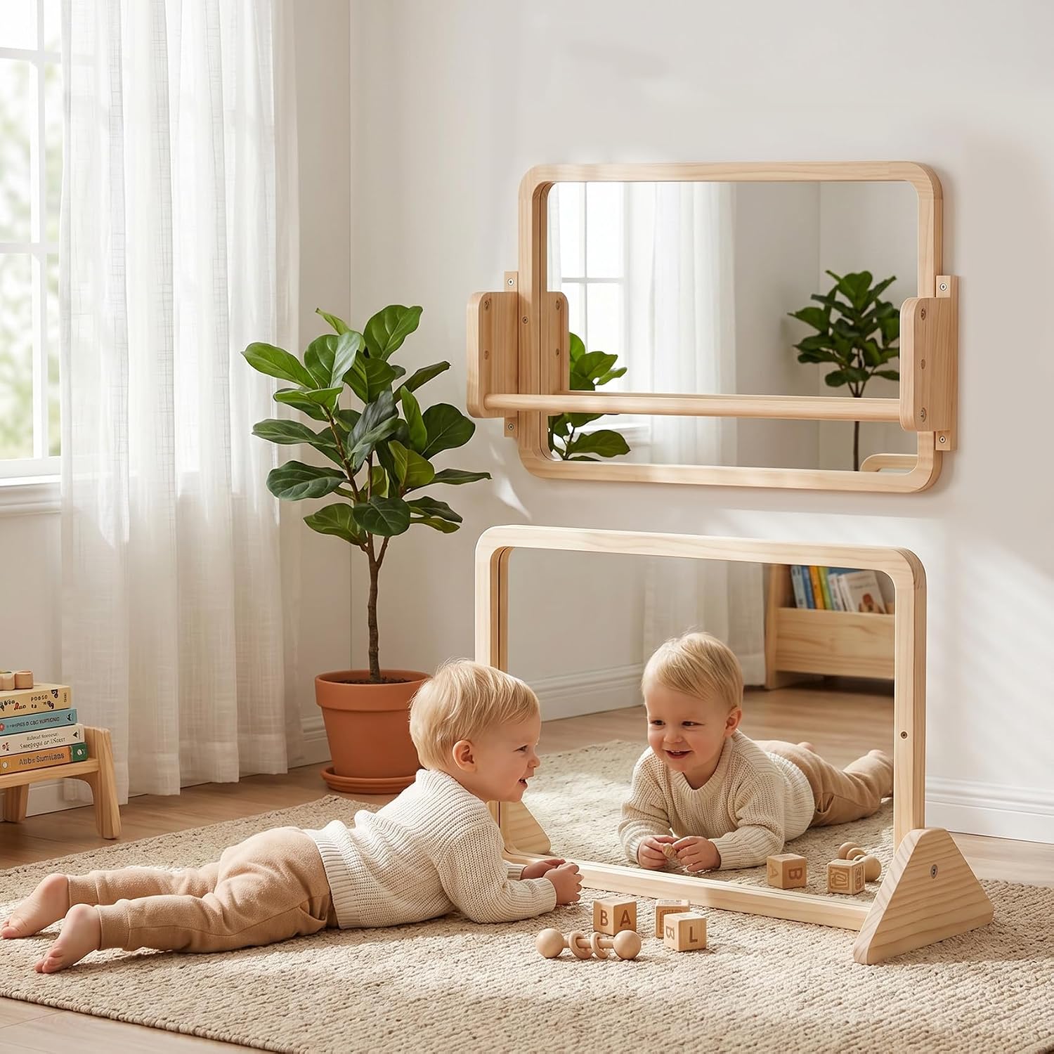 3-in-1 Montessori Mirror with Pull Up Bar for Baby | Adjustable Toddler Mirrors & Standing Support Non-Shatter Acrylic Mirror for Tummy Time Natural Wood Frame for 6-18 Months