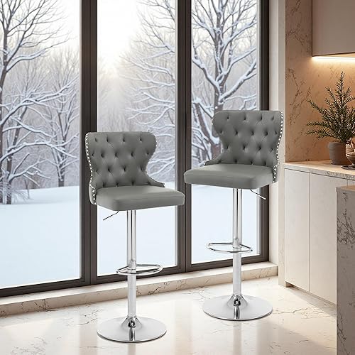 Miniatura 2 de Juego de 2 taburetes de bar giratorios ajustables, sillas tapizadas de altura de mostrador con respaldo alto y ribete de cabeza de clavo, patas y