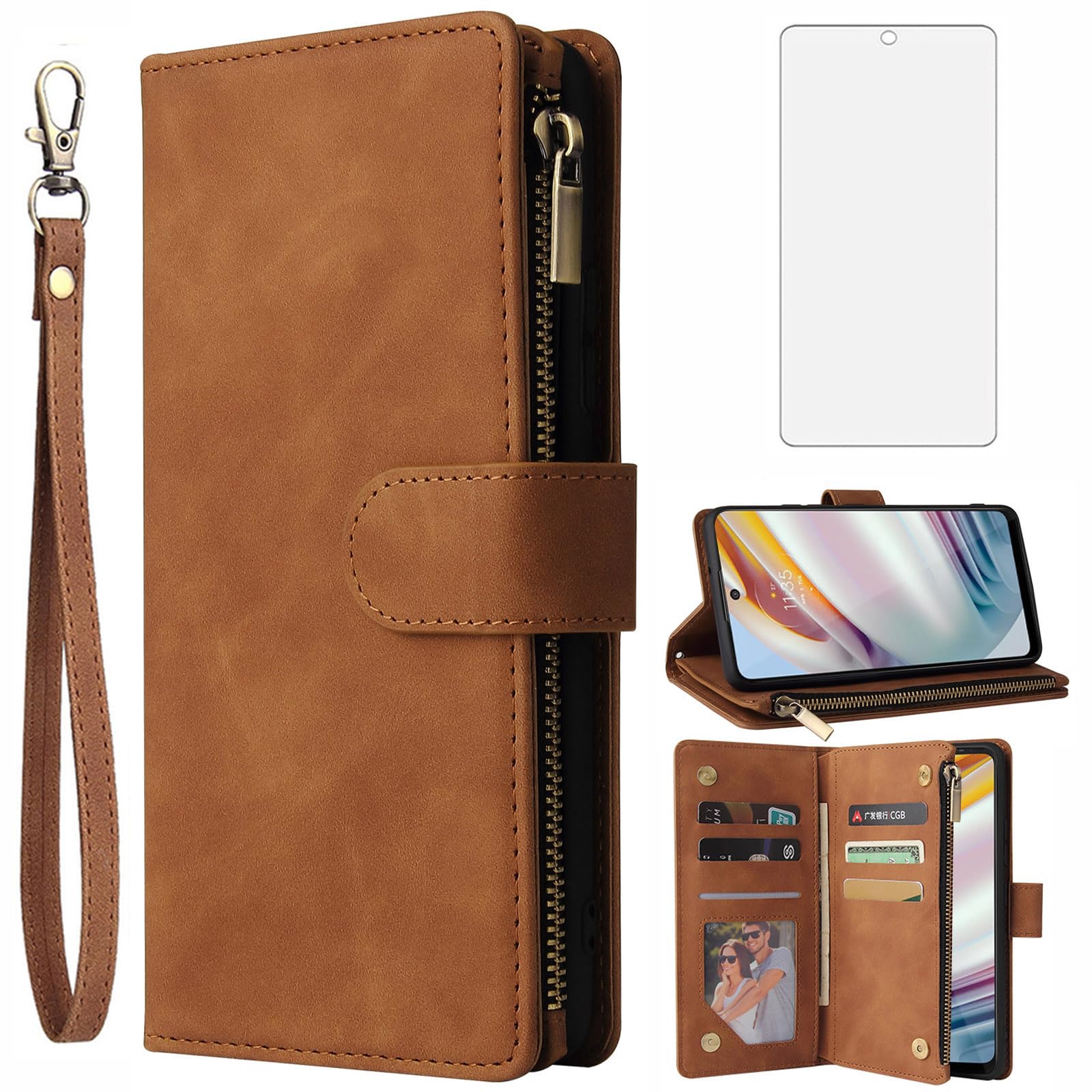 AsuwishCompatible with Nokia G60 Wallet Case and Tempered Glass Screen Protector Leather Flip Cover Card Holder Stand Cell Accessories Shockproof Soft Phone Cases for NokiaG60 G 60 60G 5G Women Brown