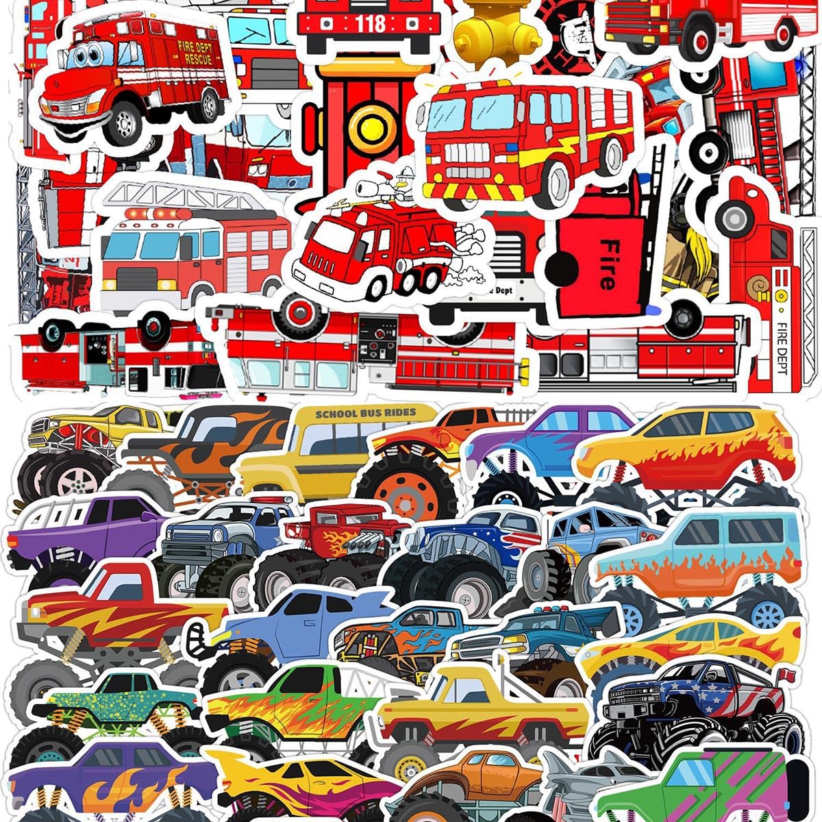 100 Pack Fire Truck Stickers for Children,Cute Scrapbook Stickers,Kids Stickers for Suitcase,Refrigerator,Water Bottles,Book Laptop,Guitar,Skateboard Colour