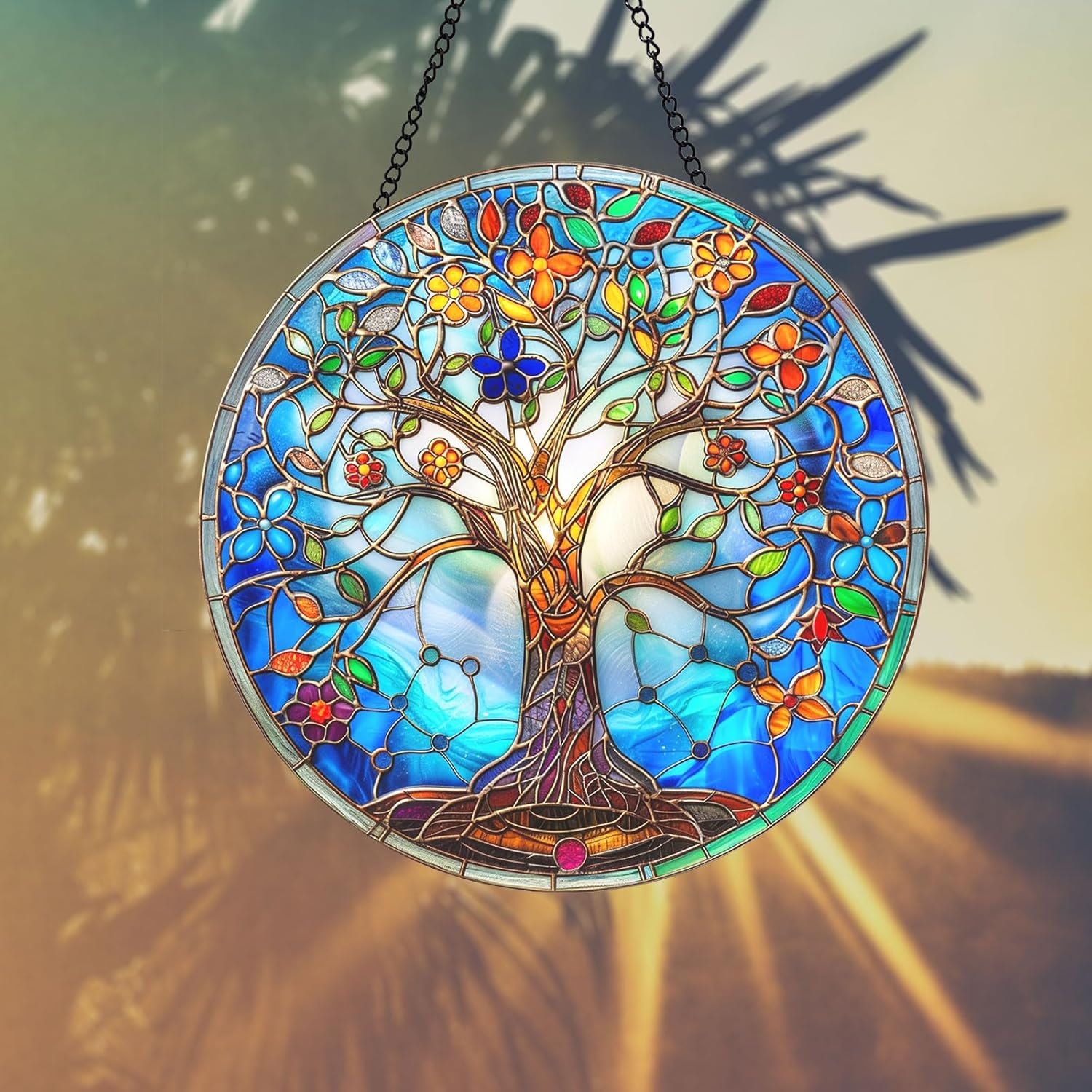 Tree of Life Suncatcher 8 Inch Stained Glass Window Hanging Diamond Chain Hooks – Indoor/Outdoor Wall Art Home Décor -Gift for Women Men Valentine's Day Thanksgiving Ornaments Festival Gifts - Image 6