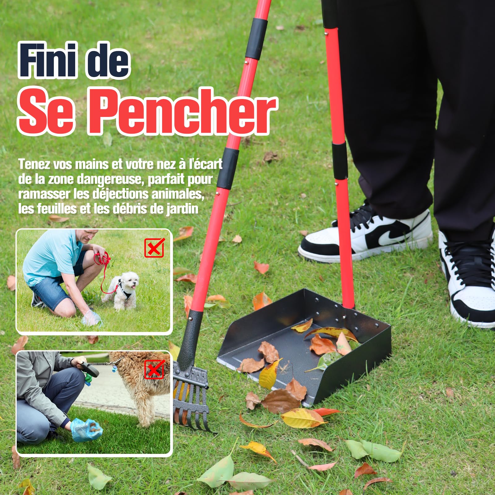 Ramasse-Crottes, RâTeau & Pelle pour Chien avec Long Manche MéTal Ajustable, Pelle Crotte Robuste avec Sacs à DéChets pour la Cour, Les Promenades, l'herbe et Les Feuilles de Jardin
