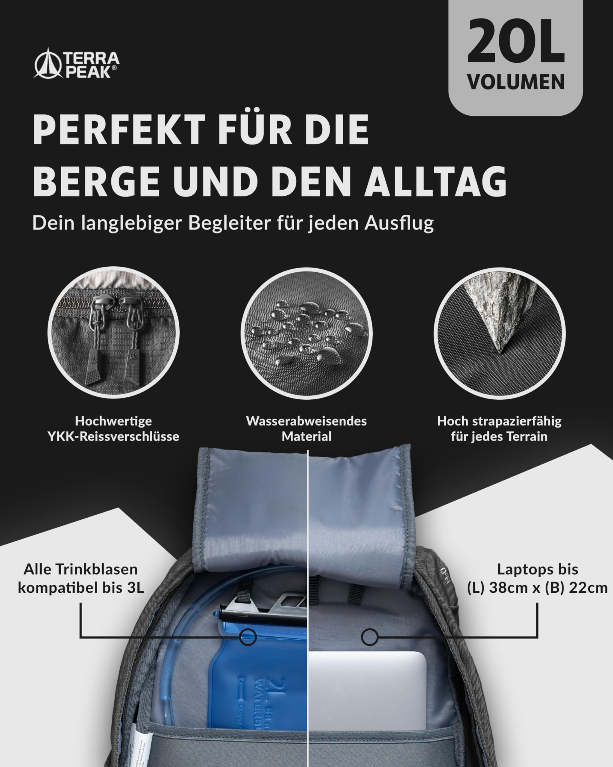 Terra Peak® Premium Wanderrucksack 20L (FLEX 20) klein mit Rückenbelüftung, Regenschutz & Trinksystem-Halterung - Ergonomischer Outdoor Trekkingrucksack aus 3D Air Mesh Polyester & Hüftgurt