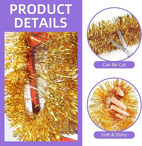 Miniatura 3 de Guirnalda de oropel dorada de 50 pies de papel de aluminio para decoración de pared, guirnalda metálica para colgar en la pared, guirnalda de