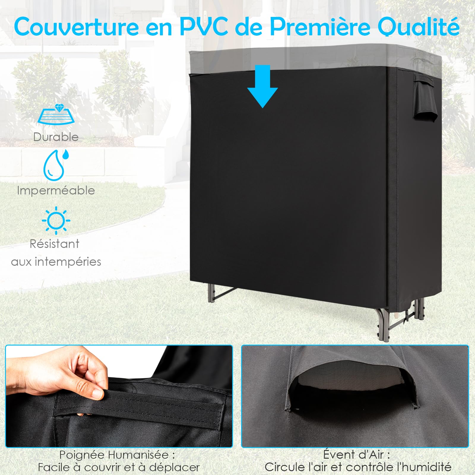 COSTWAY Range Bûche Extérieur avec Housse PVC Imperméable, Abri Bûche Rangement Bois 36-61cm de Long, Porte-bûches Abris Bois pour Cheminée, Poêle, Brasero, Noir (122,5 cm)