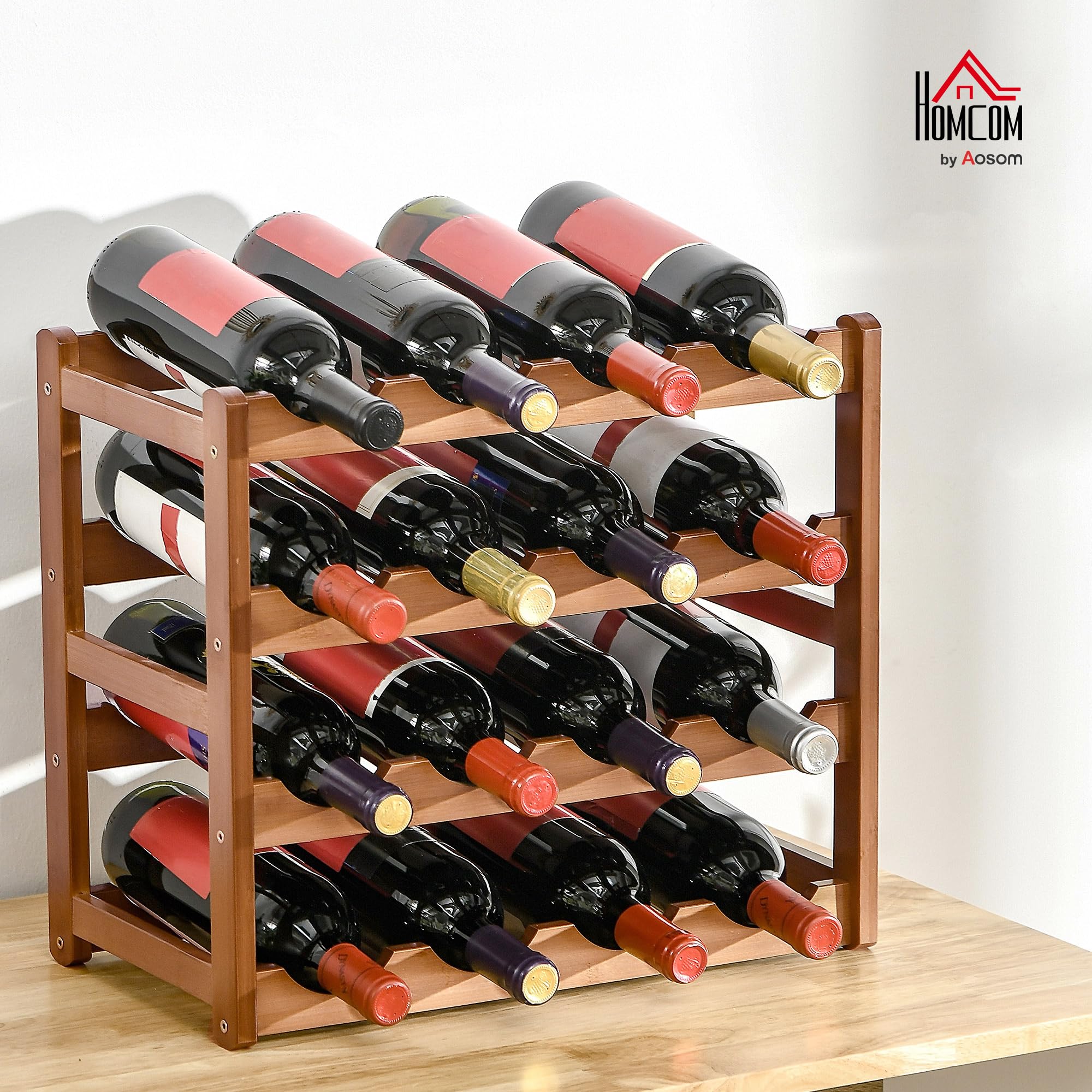 HOMCOM Weinregal für 16 Flaschen Stapelbar Flaschenregal Flaschenhalter Weinflaschenhalter aus Bambus für Keller, Lagerraum, 43 x 23,5 x 38 cm Braun