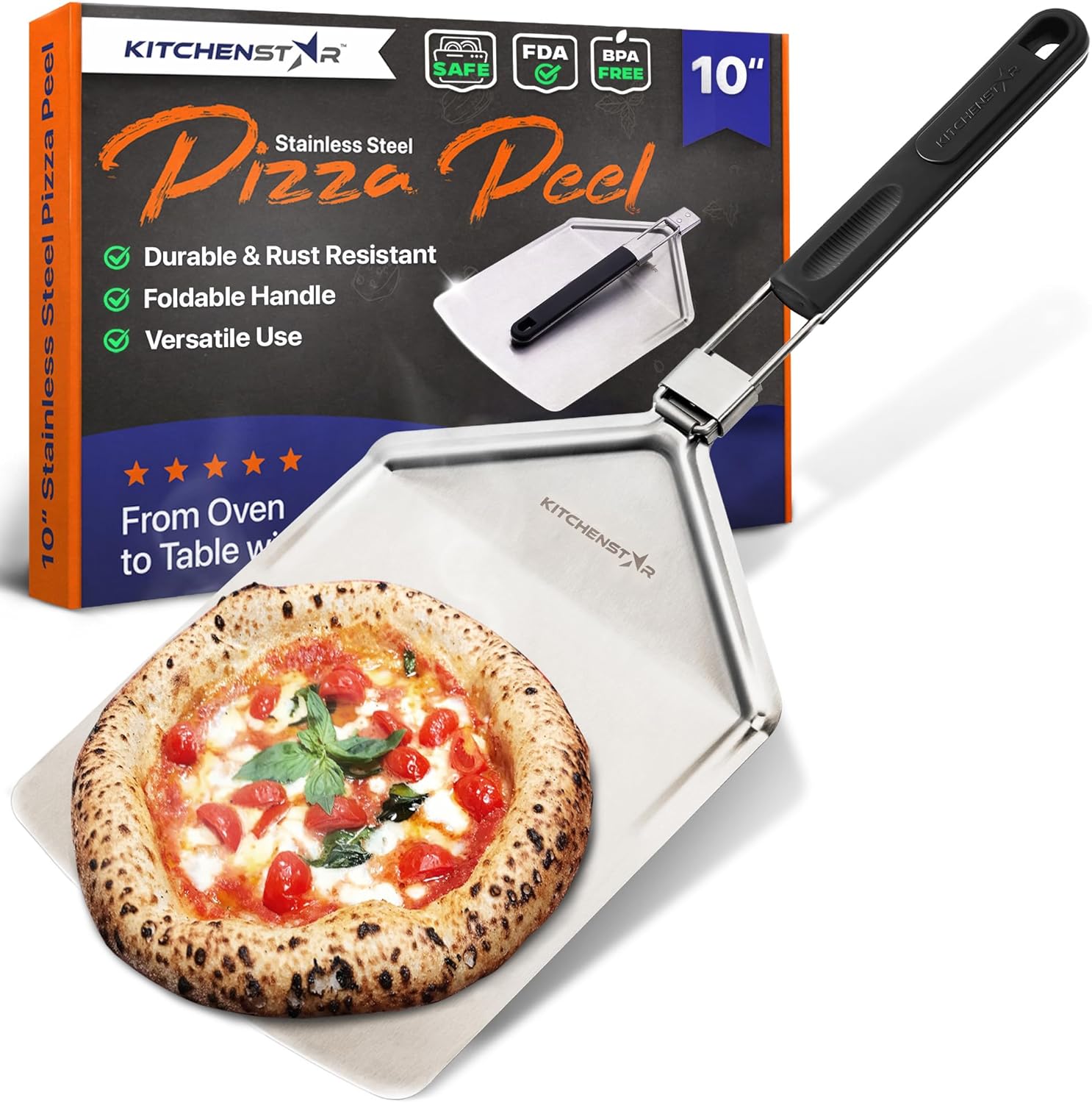 KitchenStar Stainless Steel Pizza Peel 10 inch with Folding Handle, Small – Spatula Paddle for Effortless Pizza Transfer & Easy Storrage – Outdoor Pizza Oven Accessories KitchenStar Stainless Steel Pizza Peel 10 inch with Folding Handle, Small – Spatula Paddle for Effortless Pizza Transfer & Easy Storrage – Outdoor Pizza Oven Accessories