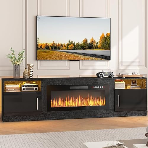 Miniatura 46 de PUKAMI Soporte de TV con chimenea de 18 pulgadas para sala de estar, centro de entretenimiento de 58 pulgadas con luces para patas, armario moderno