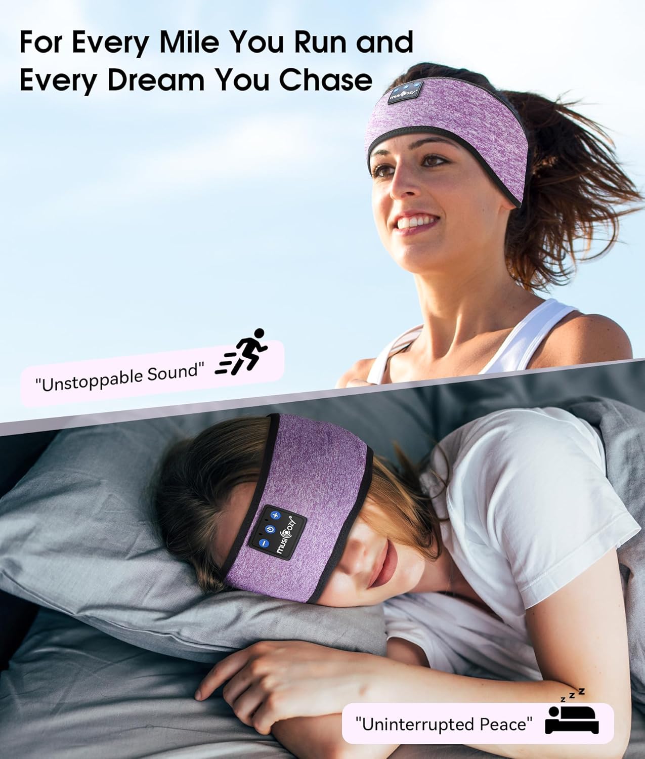 MUSICOZY Sleep Headphones Bluetooth 5.4 Headband, Wireless Earphones Music Sleep Earbuds Sleeping Eye Mask with HD Stereo Speakers for Workout Running Travel Yoga, Ideal Gifts for Women Men Light Purple