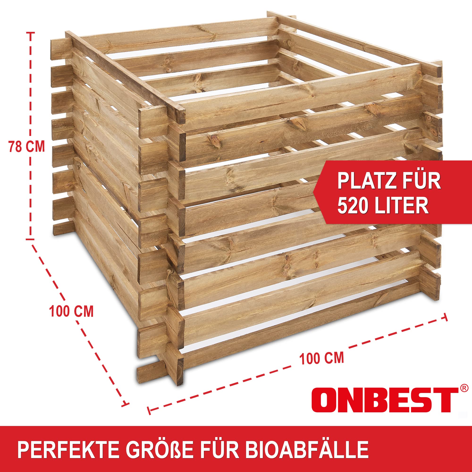 Onbest Wetterfester Komposter aus lasiertem Holz – Holzkomposter mit Stecksystem – Langlebiger & hochwertiger Kompostierer – Großer Schnellkomposter für Gartenabfälle & Biomüll – 520 Liter
