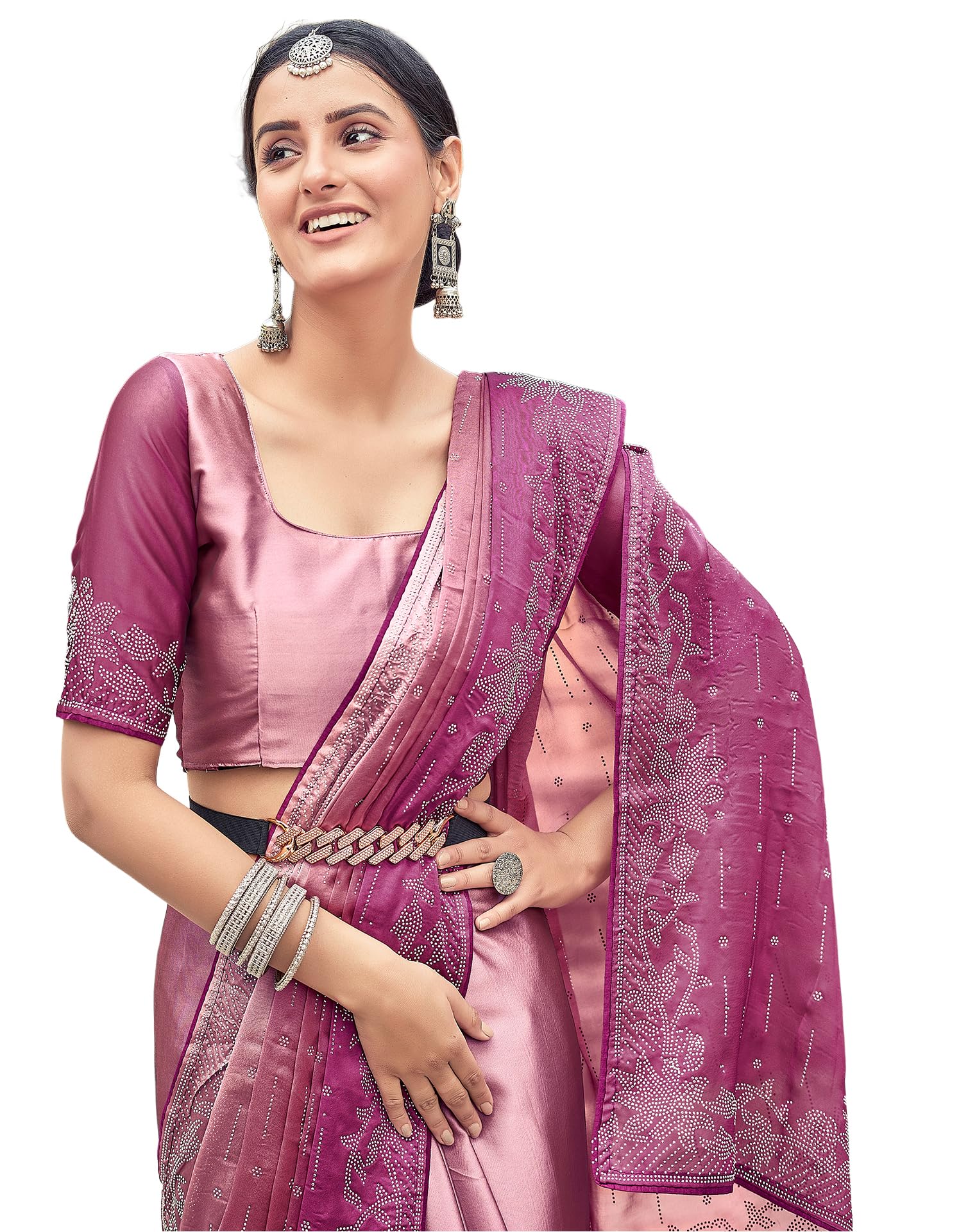 SIRIL Women's Georgette Hot Fixing Stone Work Saree with Unstitched Blouse Piece