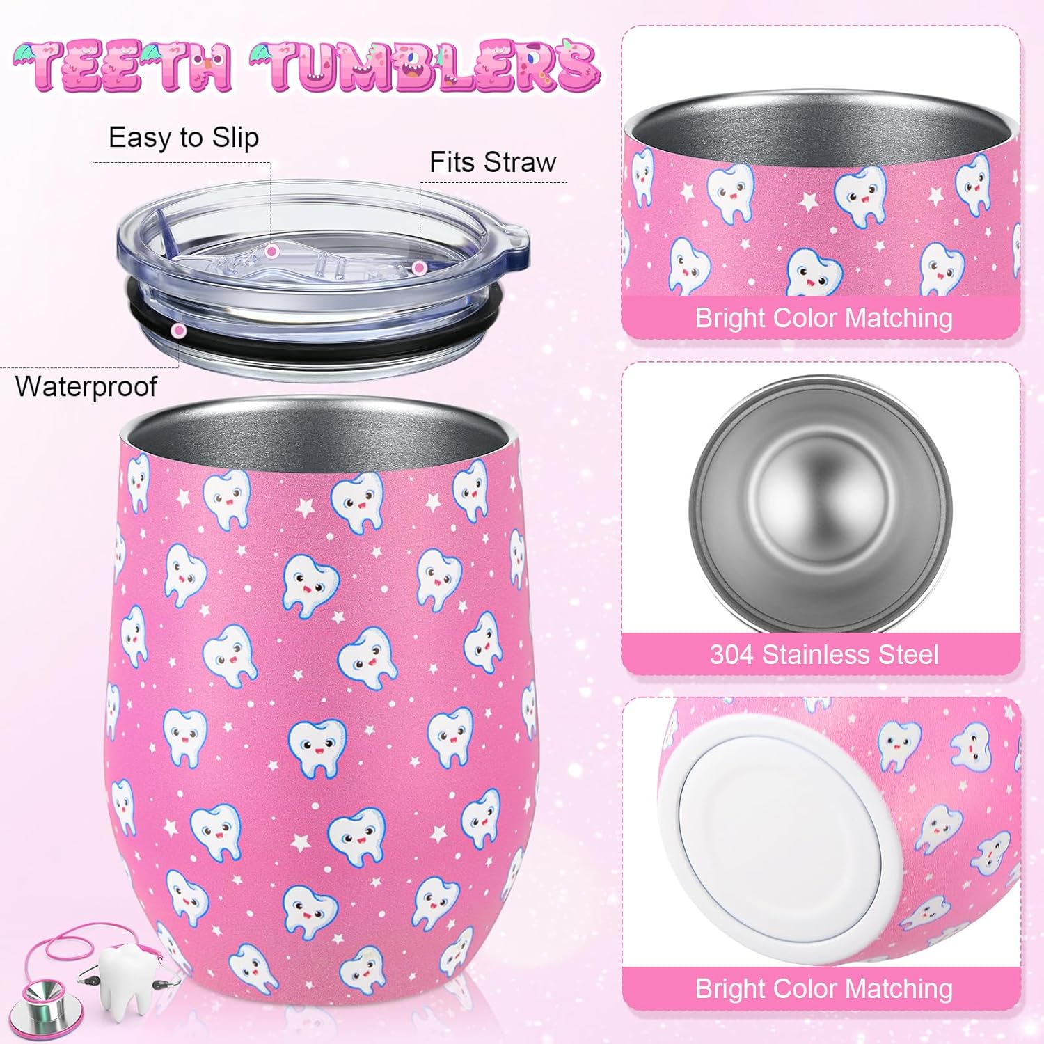 Umigy 4 Pcs Dental Assistant Gifts, Teeth Dentist Wine Tumbler, 12 oz Stainless Steel Coffee Travel Mug, Vacuum Insulated Tumbler Cup with Straw Lid and Brush Dental Hygienist Christmas Birthday Gifts - Image 2