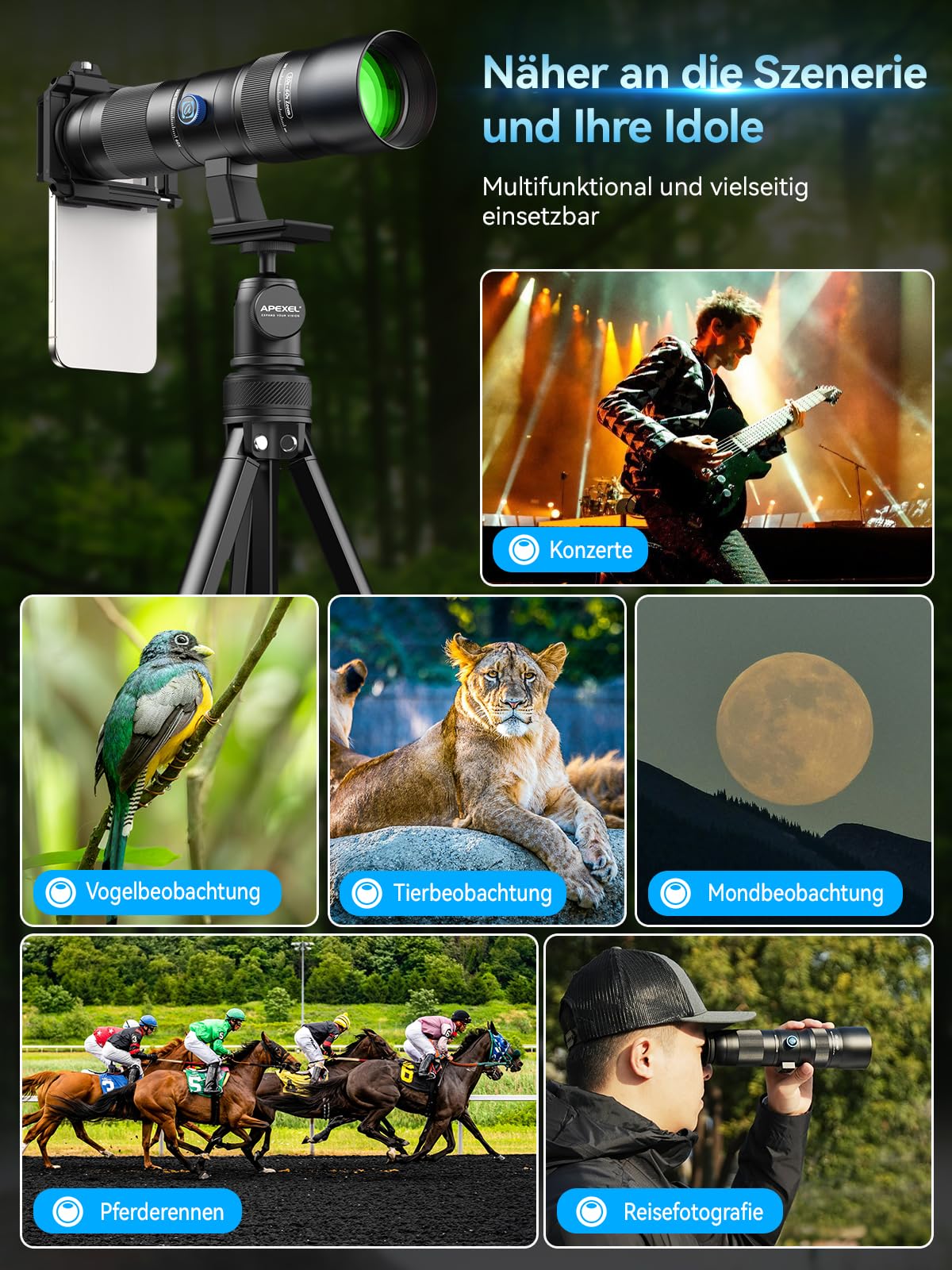 APEXEL Telecular 20-60x Professionelles Kompakt Zoomlinse für Smartphones-Teleobjektiv für Smartphones- Erfassen Sie entfernte Szenen mit Leichtigkeit