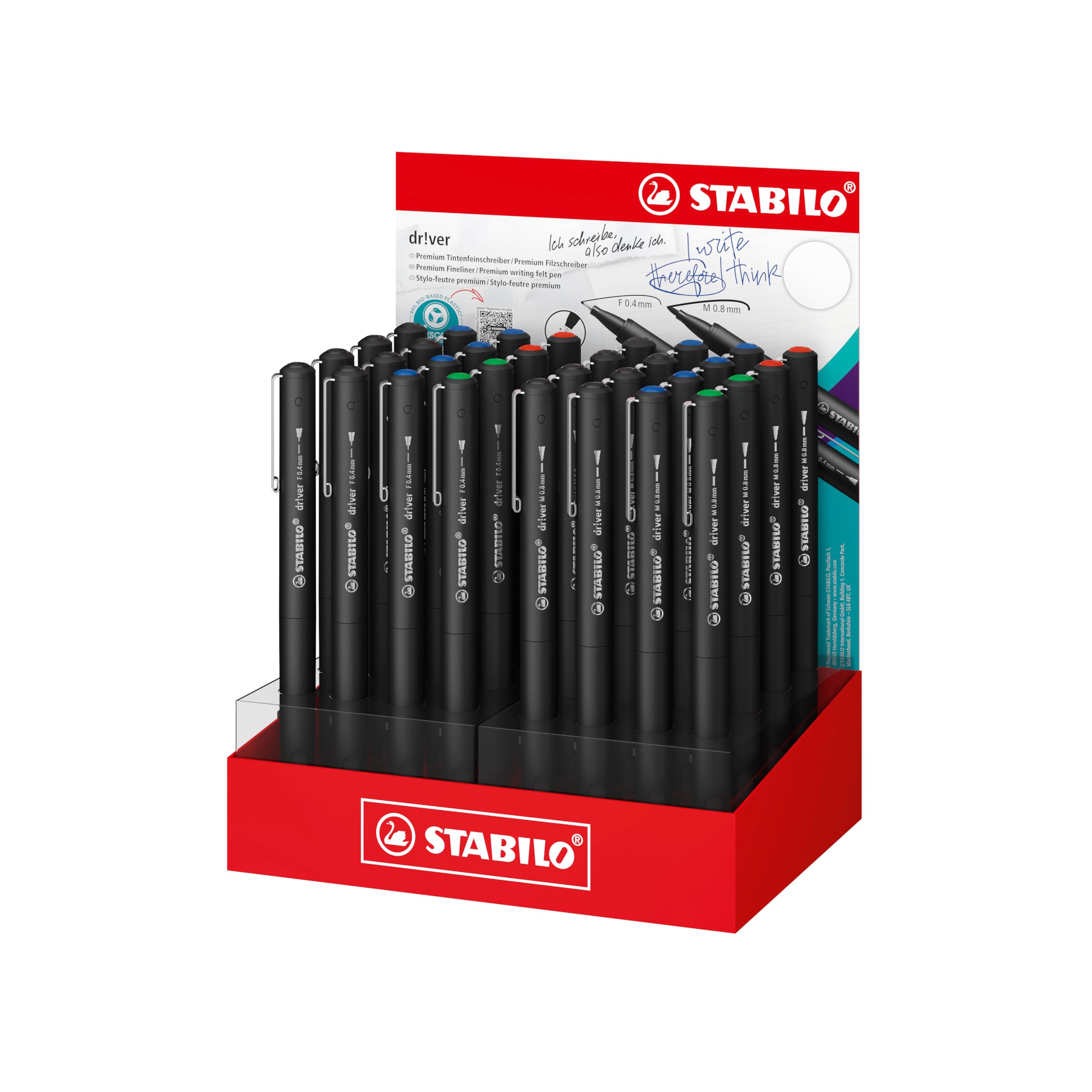 STABILO Premium Fineliner & Filzstifte, Display-Set, 32-teilig, dr!ver Serie, Schwarz, Blau, Rot, Grün