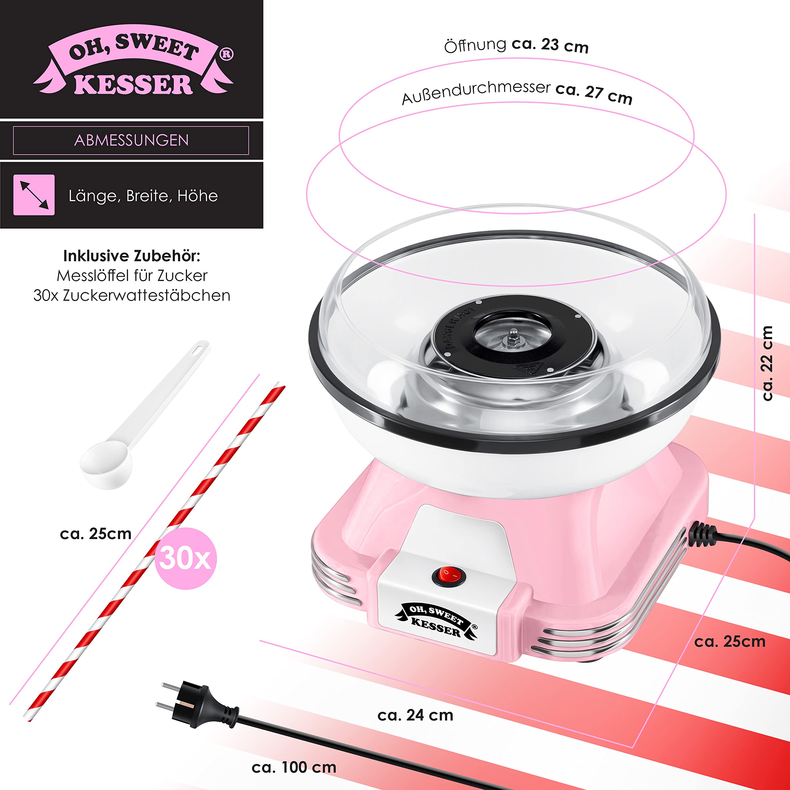 KESSER® Zuckerwattemaschine 500 W 22 cm Retro Cotton Candy Maschine Rosa Weiß Set