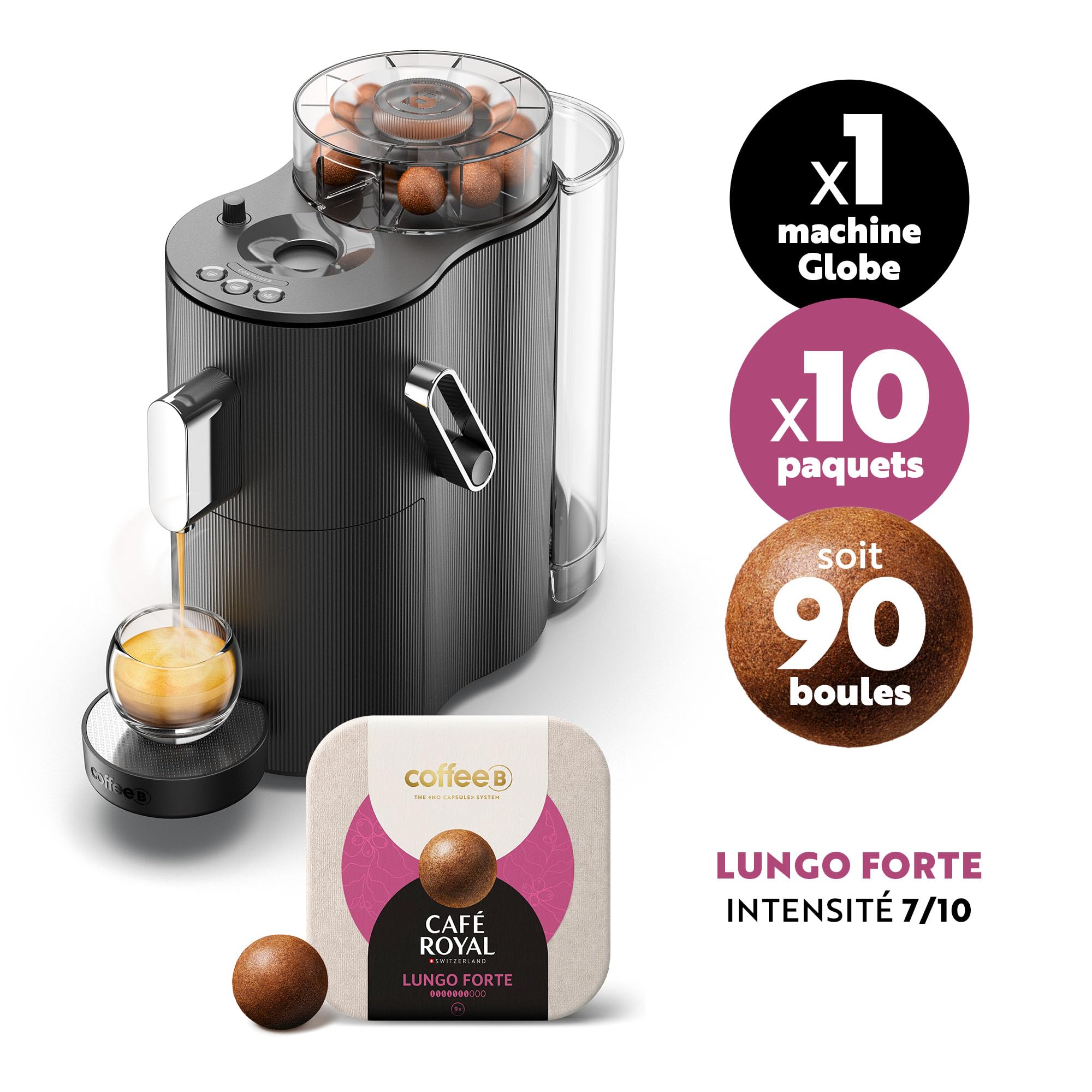 CAFE ROYAL SWITZERLAND PROFESSIONAL Machine à Café CoffeeB Globe Noir 1.3L avec 90 Coffee Balls Lungo Forte - 100% Compostables