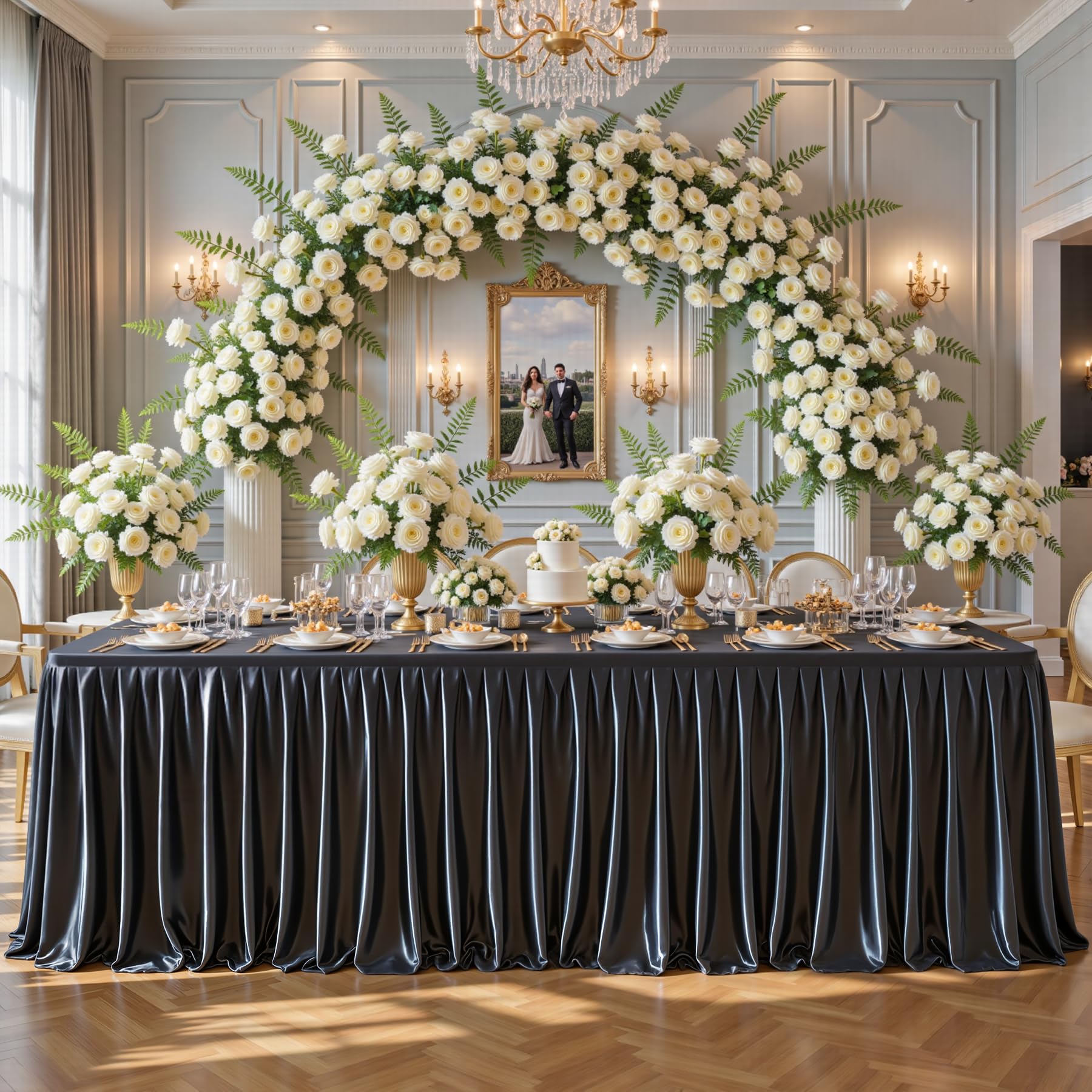 8ft Black Satin Tablecloths Rectangular - Shiny Spandex Party Table Cover with Pleated Table Skirt, No-Wrinkle & Glossy Wedding Tablecloth One-Piece for Birthday Baby Shower Banquet Ceremony & Events