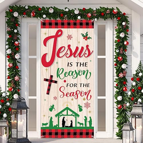 Cubierta de puerta religiosa de Jesús de Navidad, telón de fondo para puerta de fiesta de Navidad con texto en inglés «Jesús es la razón de la