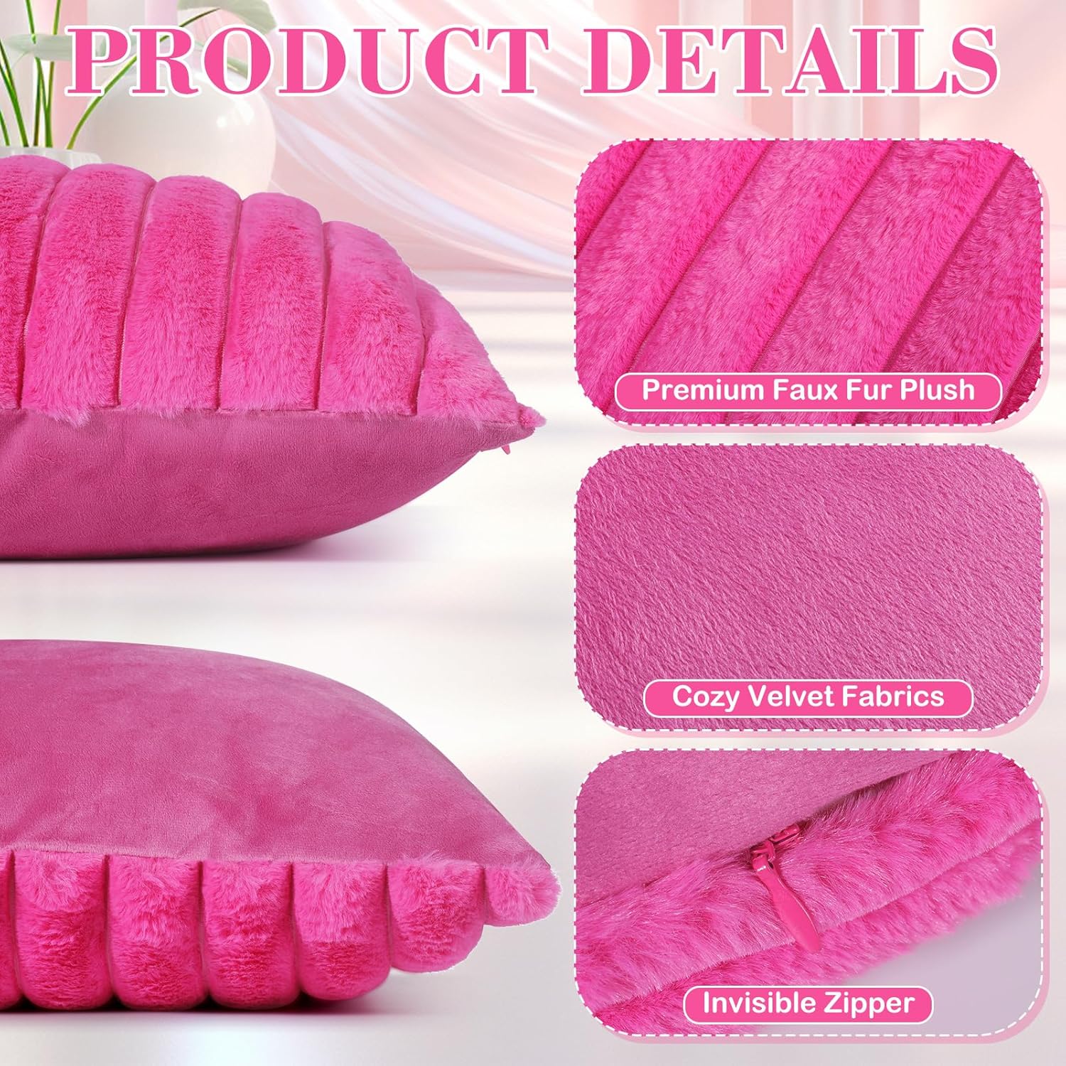 Peryiter Set of 6 Hot Pink Throw Pillow Cover, White and Blush Pink Pillowcase Gift 18 x 18 Inch Faux Fur Plush Couch Pillowcase Soft Velvet Cozy Fluffy Striped Pillow Case for Sofa Bed Home Spa Decor