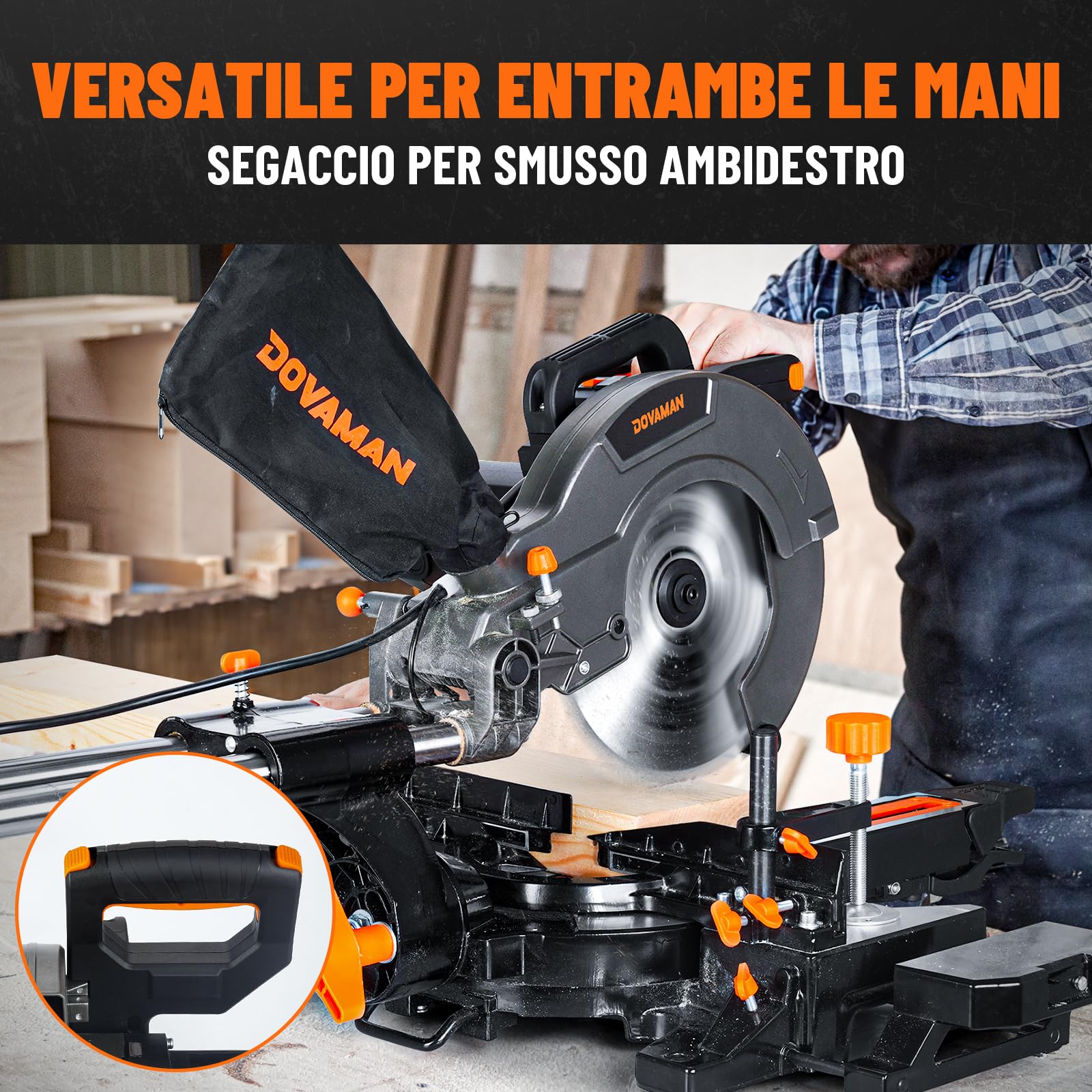 DOVAMAN DMS01A Troncatrice Radiale 2000W, Doppia Velocità 3200/5000 RPM, 3 Lame TCT, Taglio Max 340x90mm, Angolo 0-45°, Guida Laser, 9 Posizioni, Per Legno PVC Alluminio Metalli Teneri